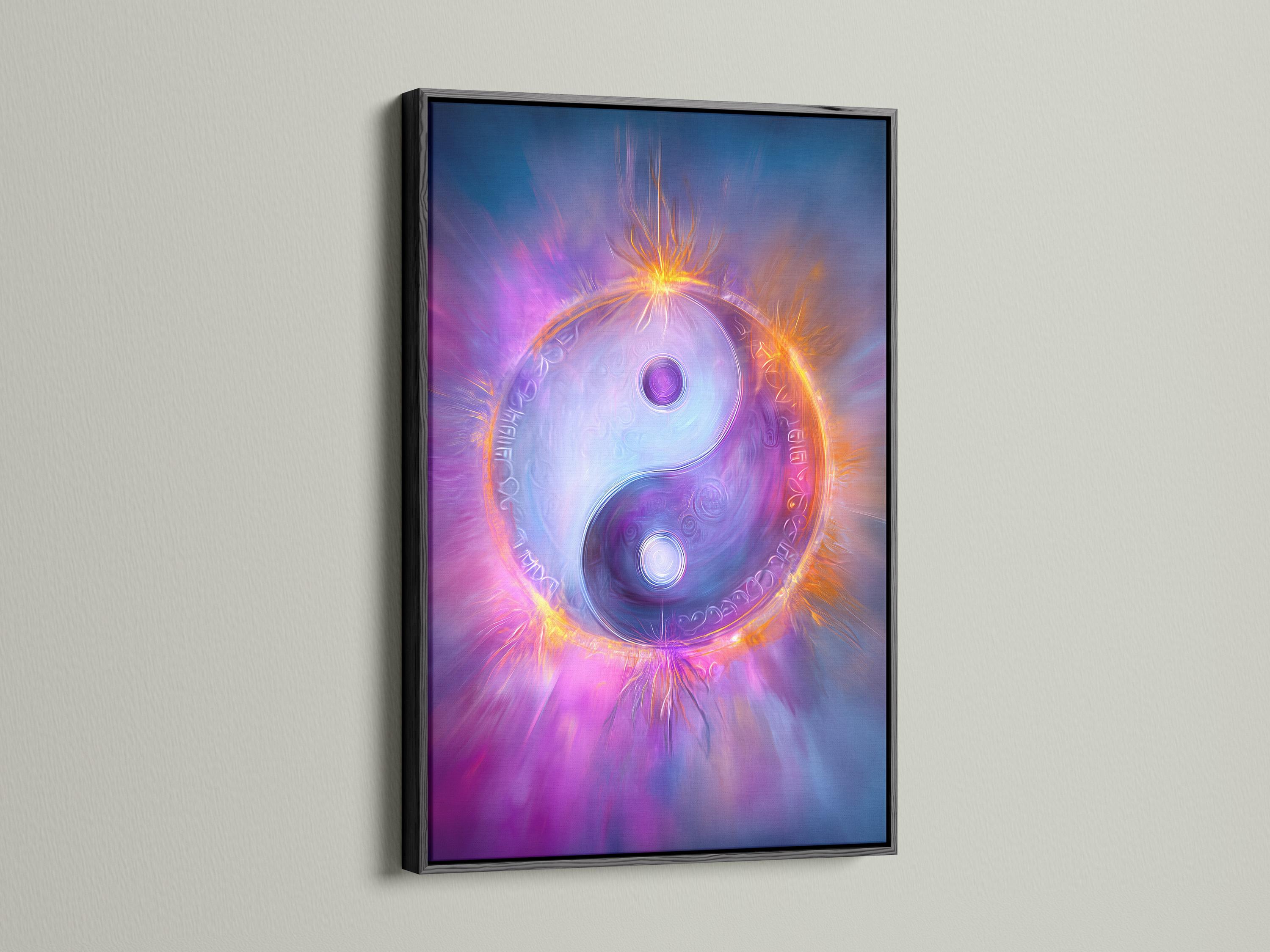 A cosmic yin-yang symbol glows in swirling purples and blues, framed by bright orange light rays and soft halo effects detail view