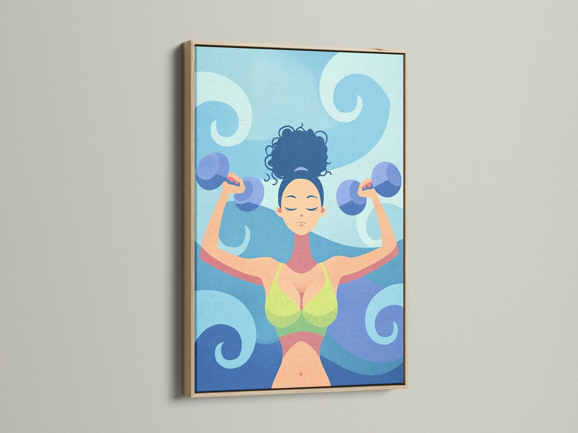 Stylised fitness woman lifting dumbbells overhead against a swirling blue background detail view