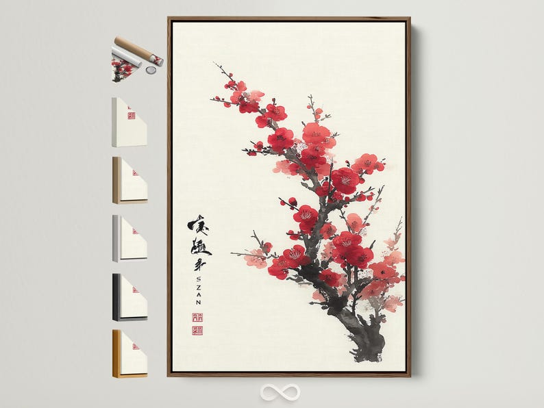 Red and pink plum blossoms on a black ink tree branch with vertical calligraphy and a red seal