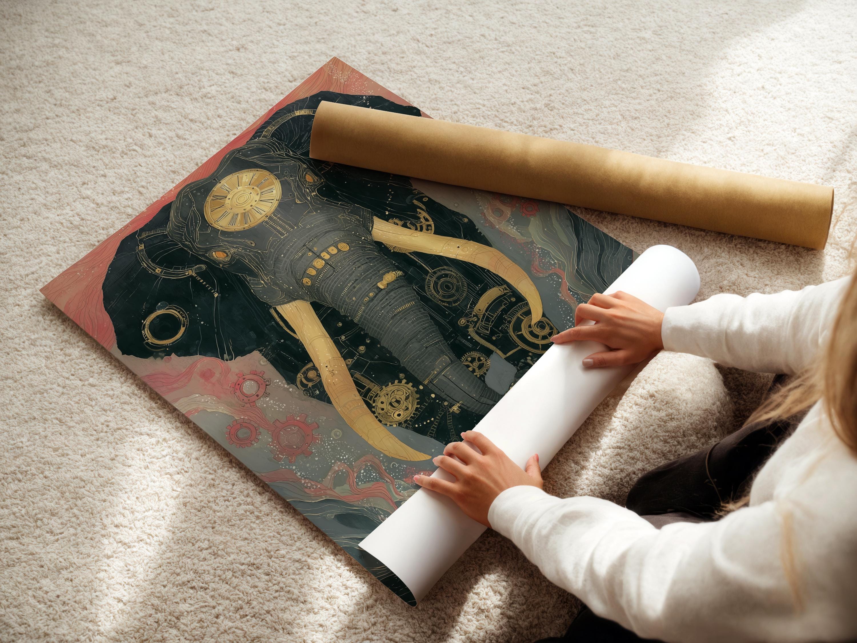 Mechanical elephant illustration with gear and clockwork details in teal, muted pink and gold detail view