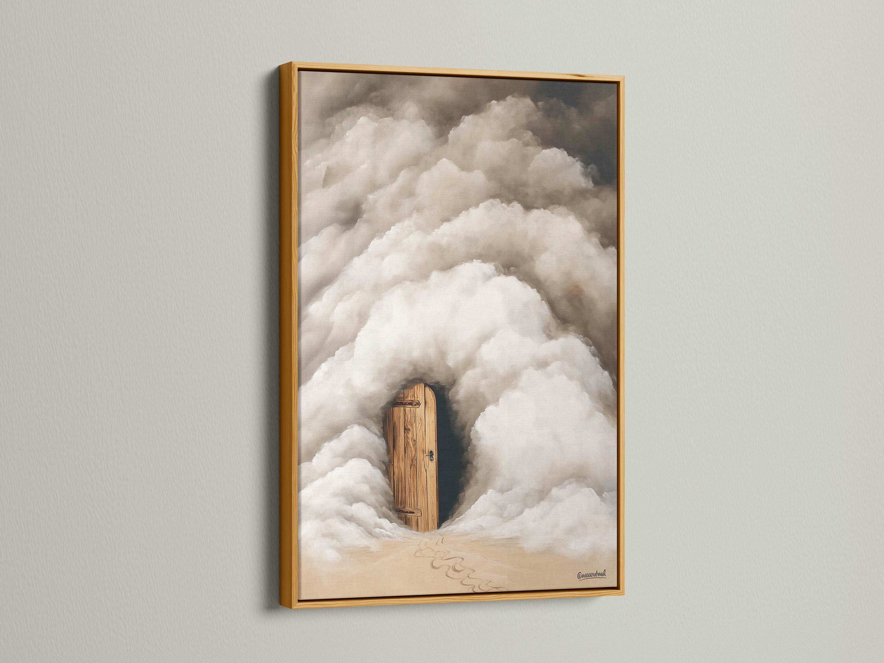 A wooden door emerges from soft grey and white clouds with warm beige ground beneath detail view