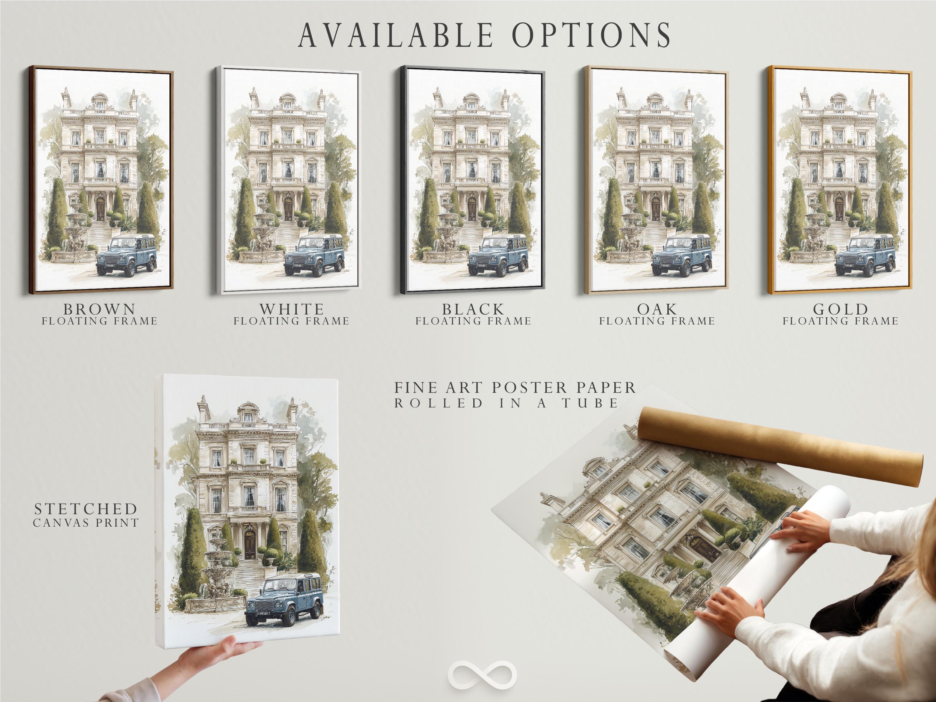 Room mockup showing a framed manor house artwork with trees and a blue vintage car