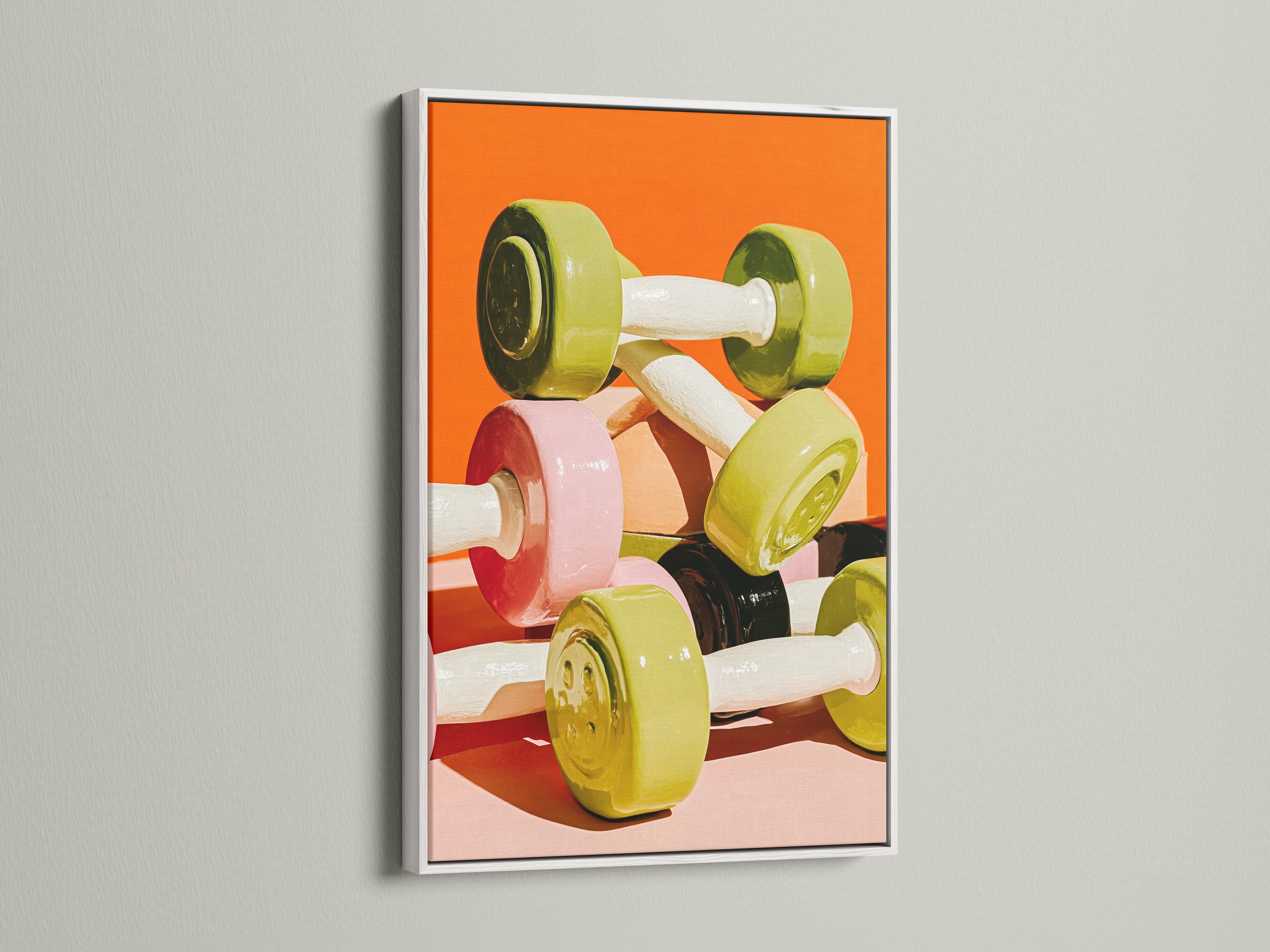 Stylised dumbbell artwork with green and yellow weight plates on a bright orange background detail view