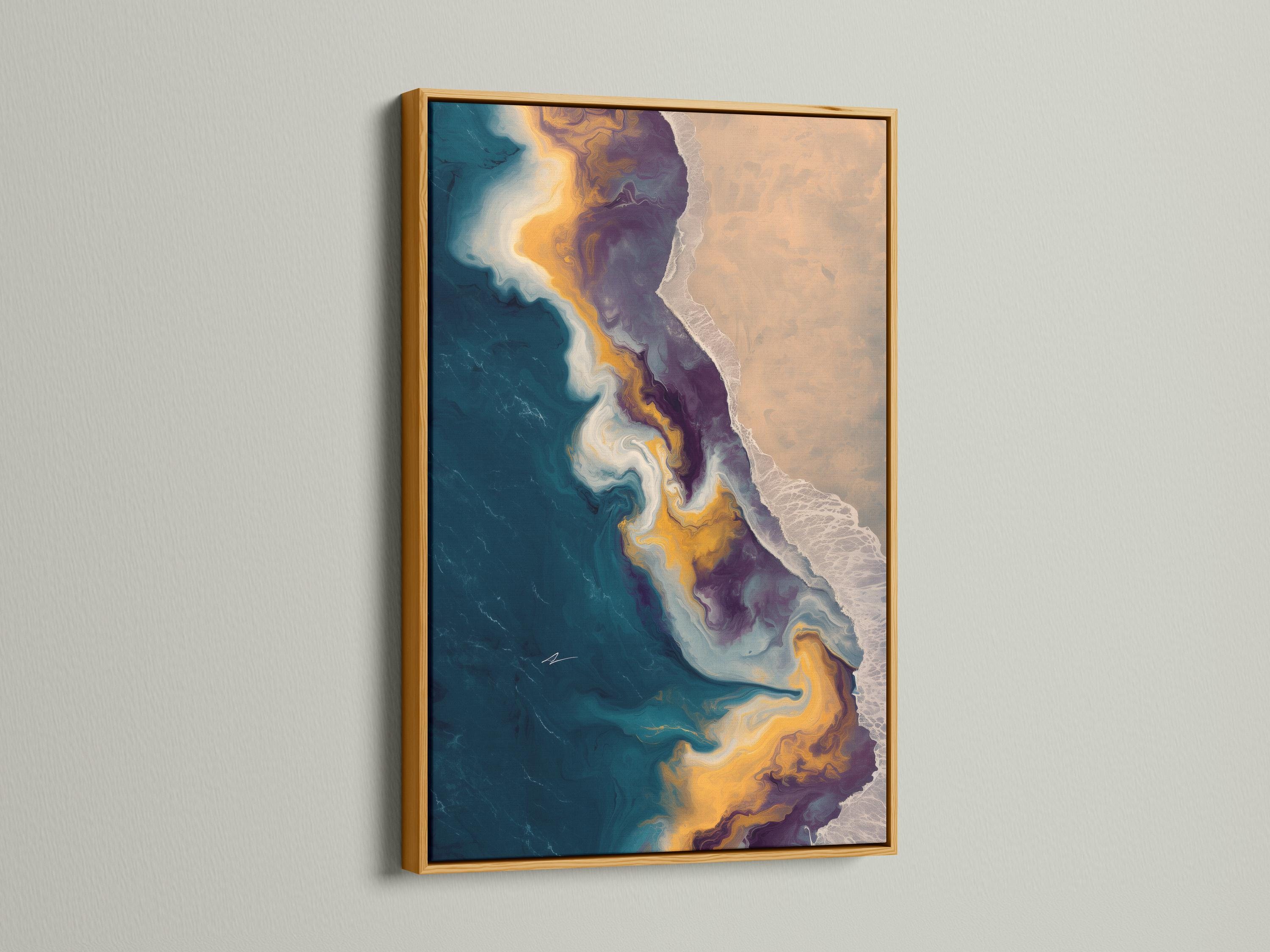 Room mockup showing an abstract seascape artwork with teal, gold and beige tones