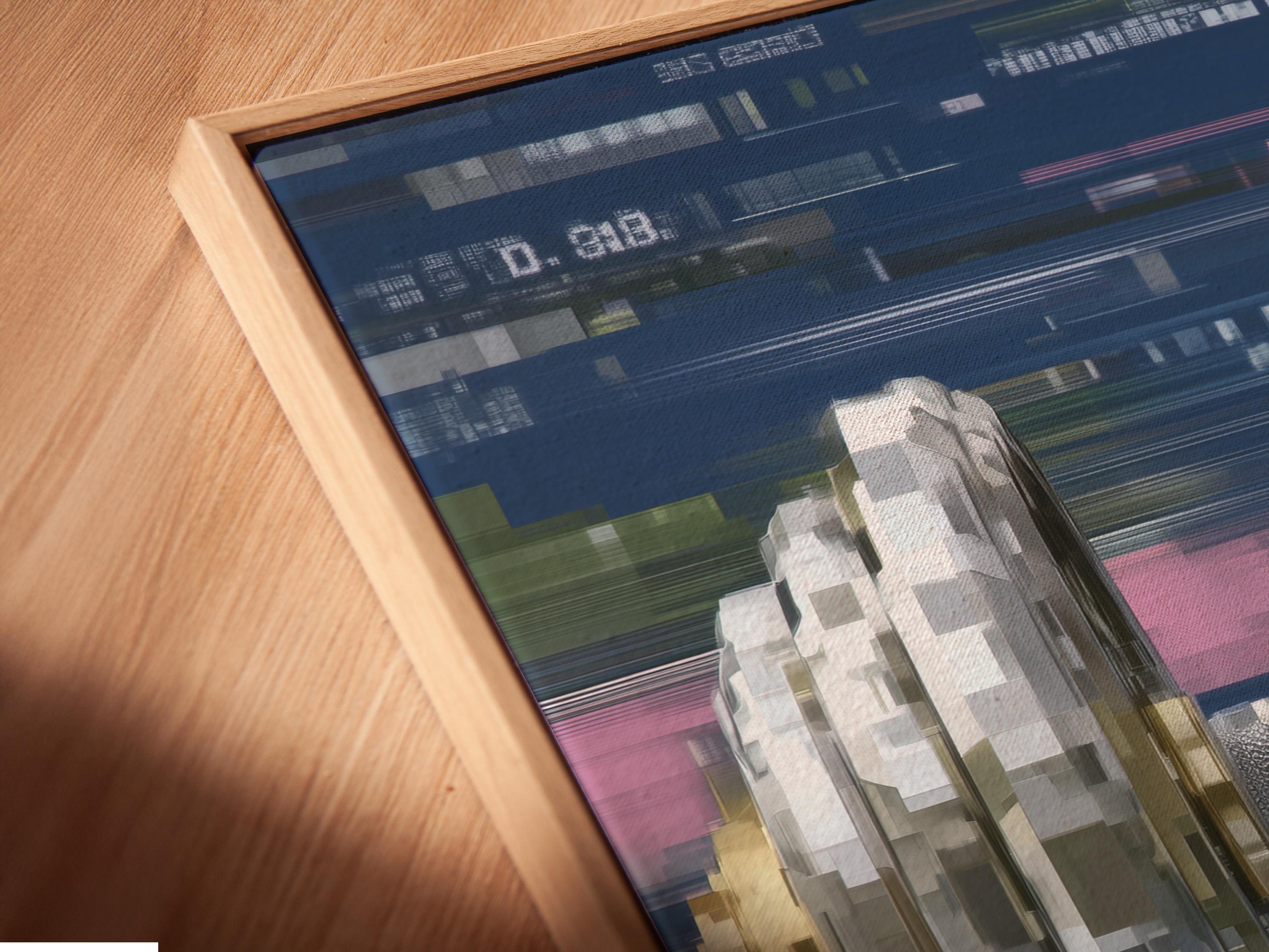 Room mockup showing framed glitch-style dumbbell artwork on a light wall