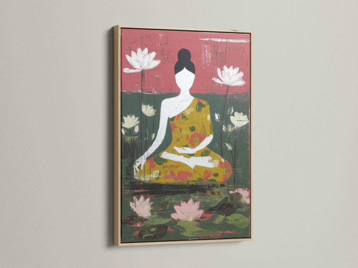 Stylised seated figure surrounded by white lotus flowers with rose pink and green textured background detail view