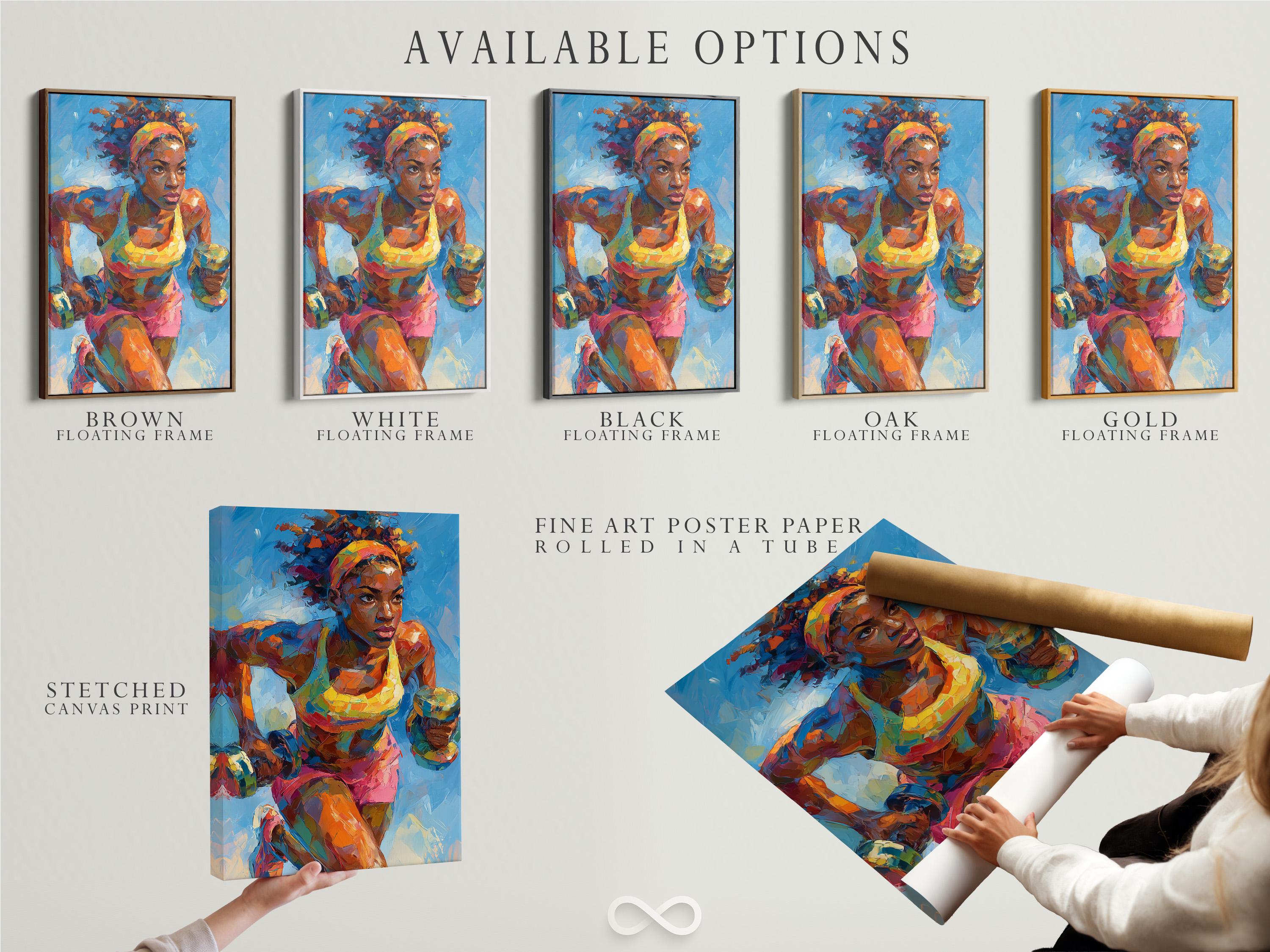 Stylised athlete in a boxing-style pose with vivid orange, pink and teal colours on a blue background detail view