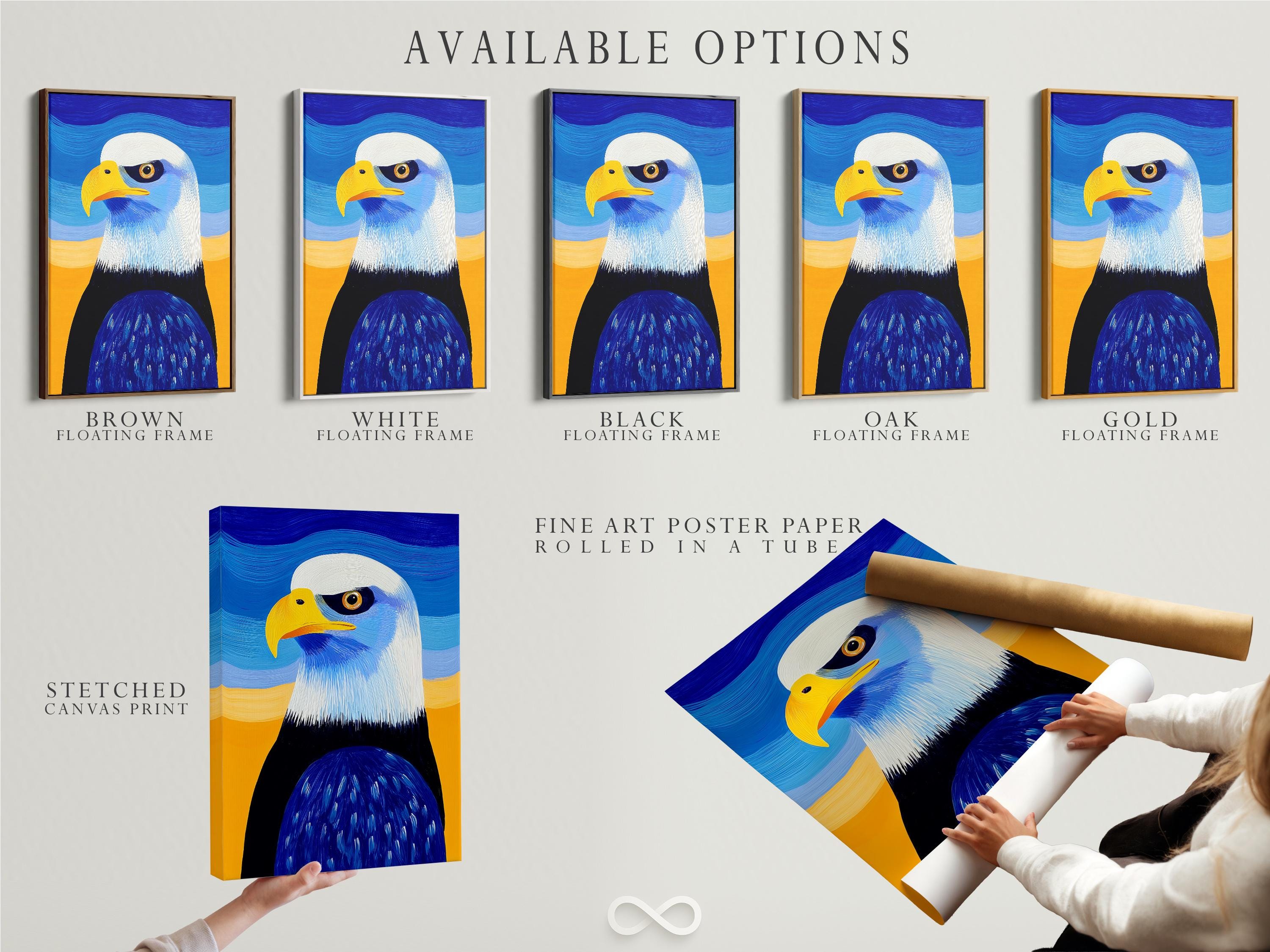 Room mockup showing framed bald eagle artwork on a wall
