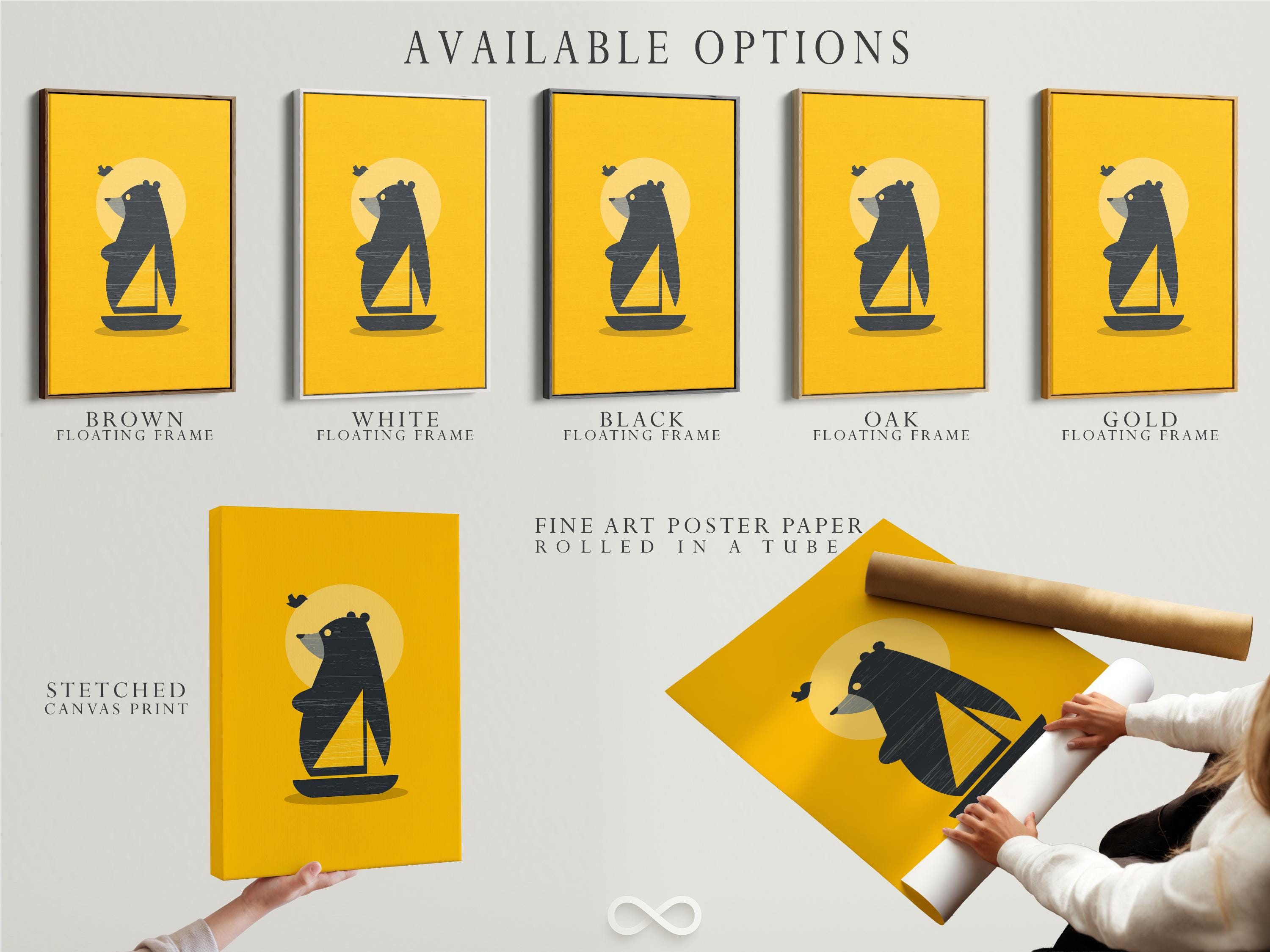 Room mockup showing a framed minimalist bear on a boat artwork on a yellow background