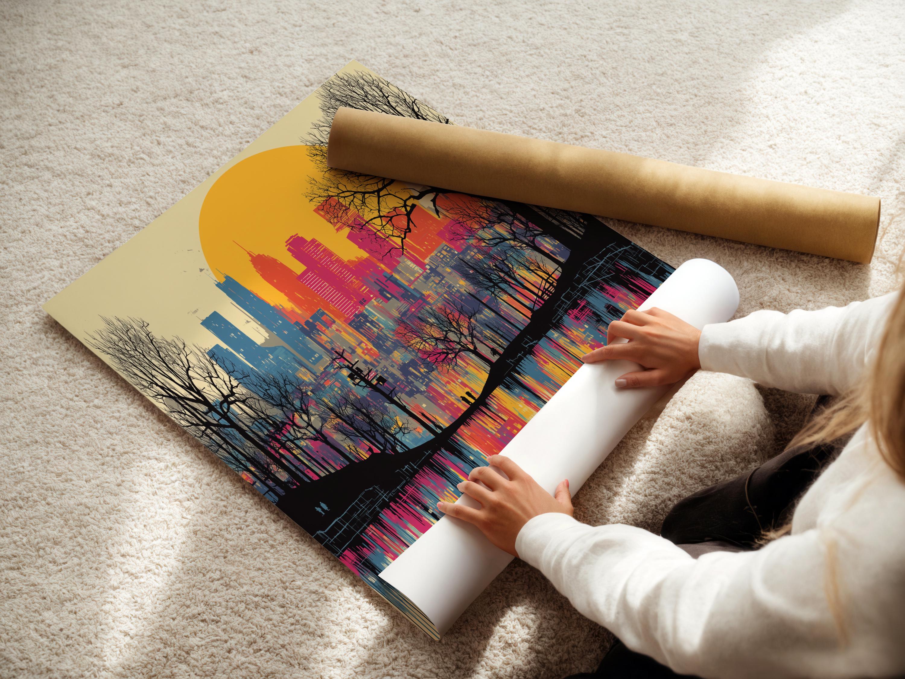 Sunset city skyline artwork in pink and blue with leafless trees and reflective water detail view