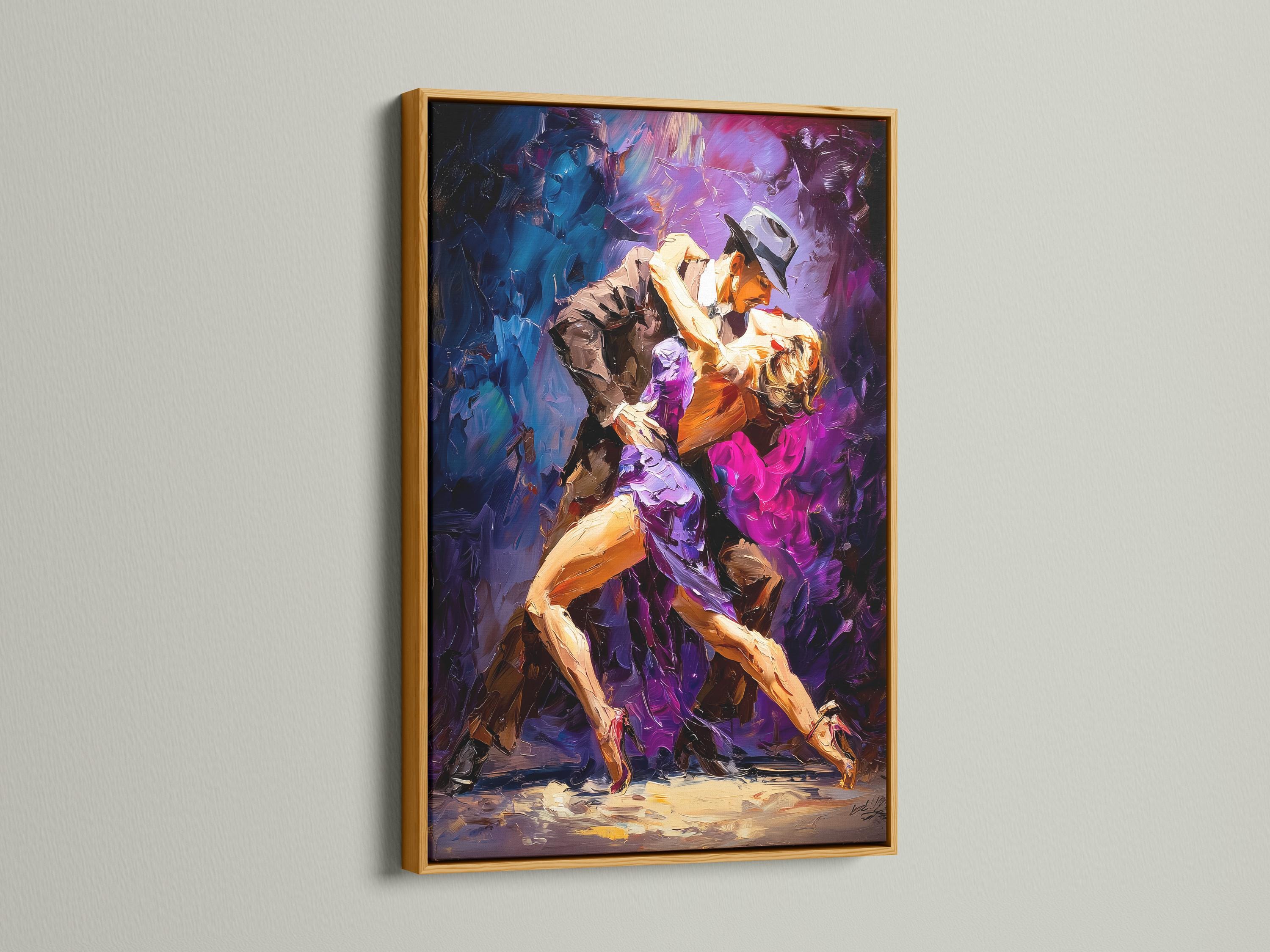 Framed tango dance artwork showing two dancing figures in purple, blue and gold tones detail view