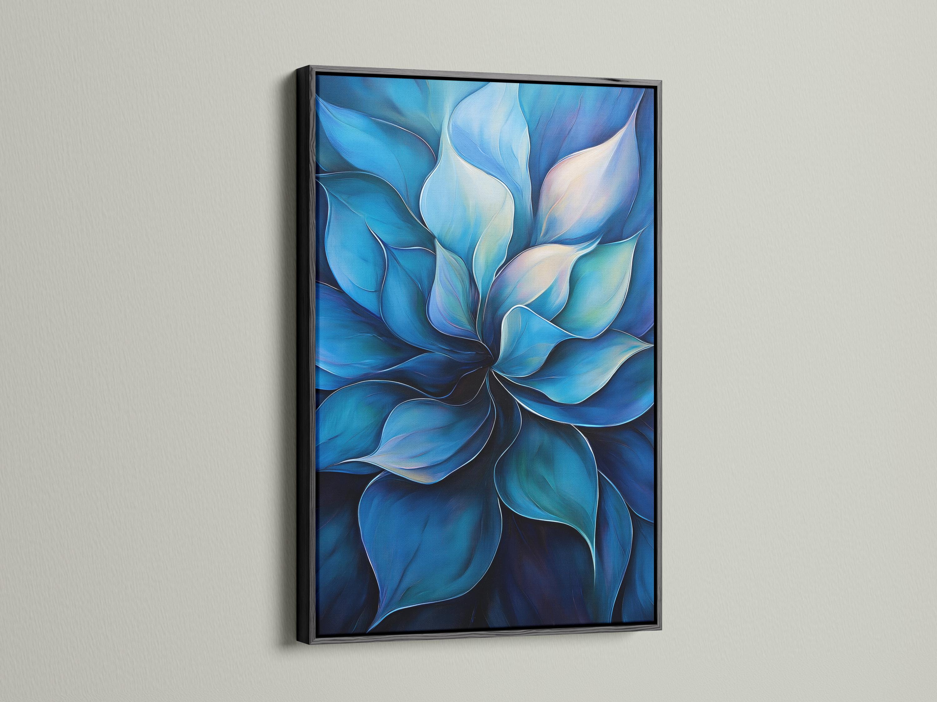 Blue abstract botanical artwork with layered petals and ivory highlights detail view
