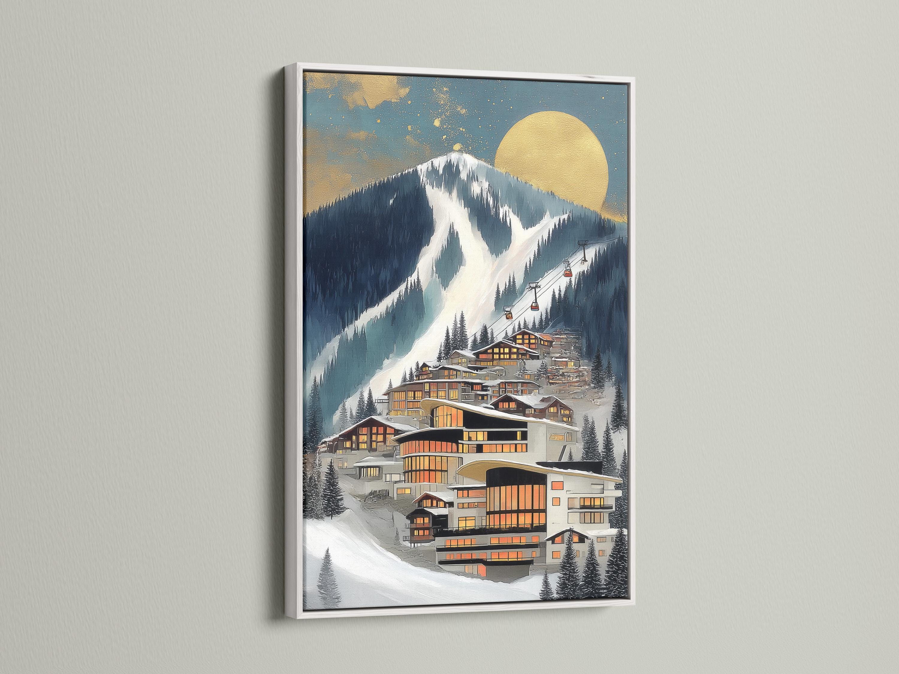 A winter mountain village scene shows warm chalet buildings below a snowy slope and a large sun, with a ski lift line and scattered pine trees detail