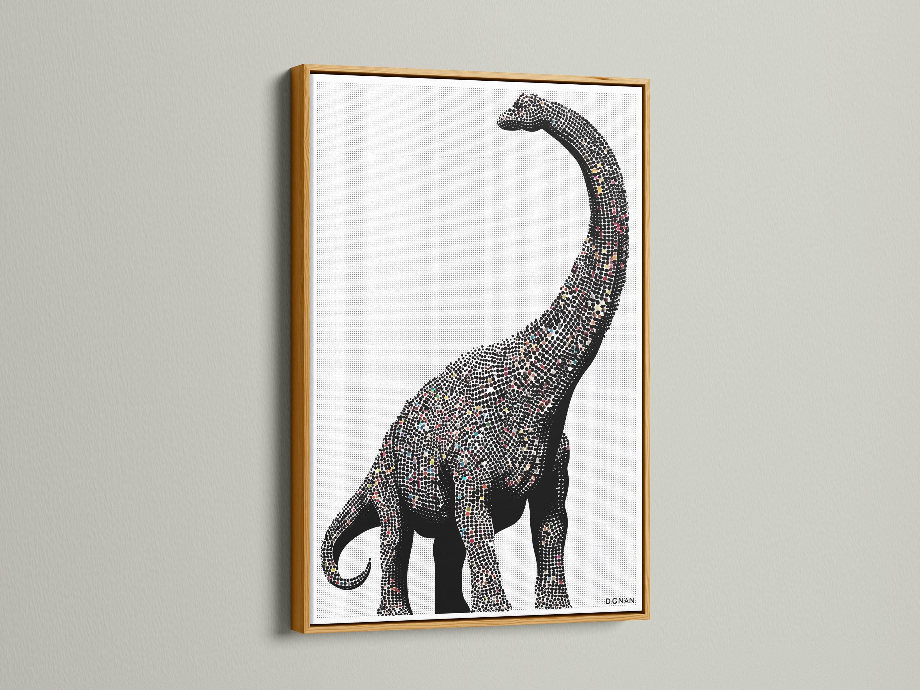 Minimalist dinosaur silhouette made from a dense dot pattern in black and off-white detail view