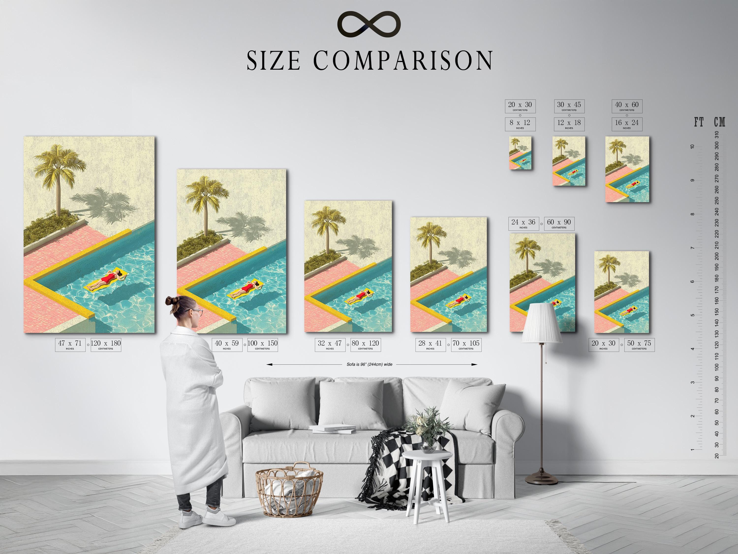 Retro poolside illustration with a tall palm tree, turquoise water, pink tiles, and a person relaxing on a float detail view