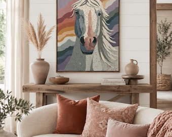 Equestrian Canvas Print - Abstract Horse Wall Art, Boho Western Decor for Bedroom, Neutral Animal Painting, Colorful Farmhouse Style Artwork
