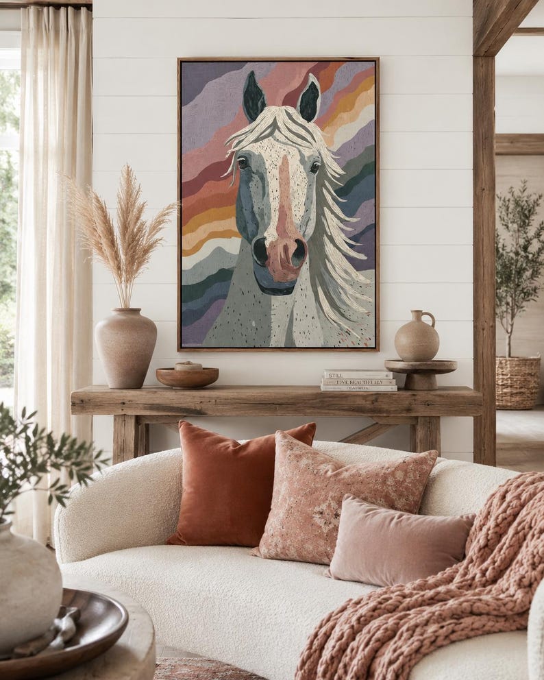 Abstract portrait of a horse head with cream muzzle, dark ears and flowing mane over layered wave-like bands