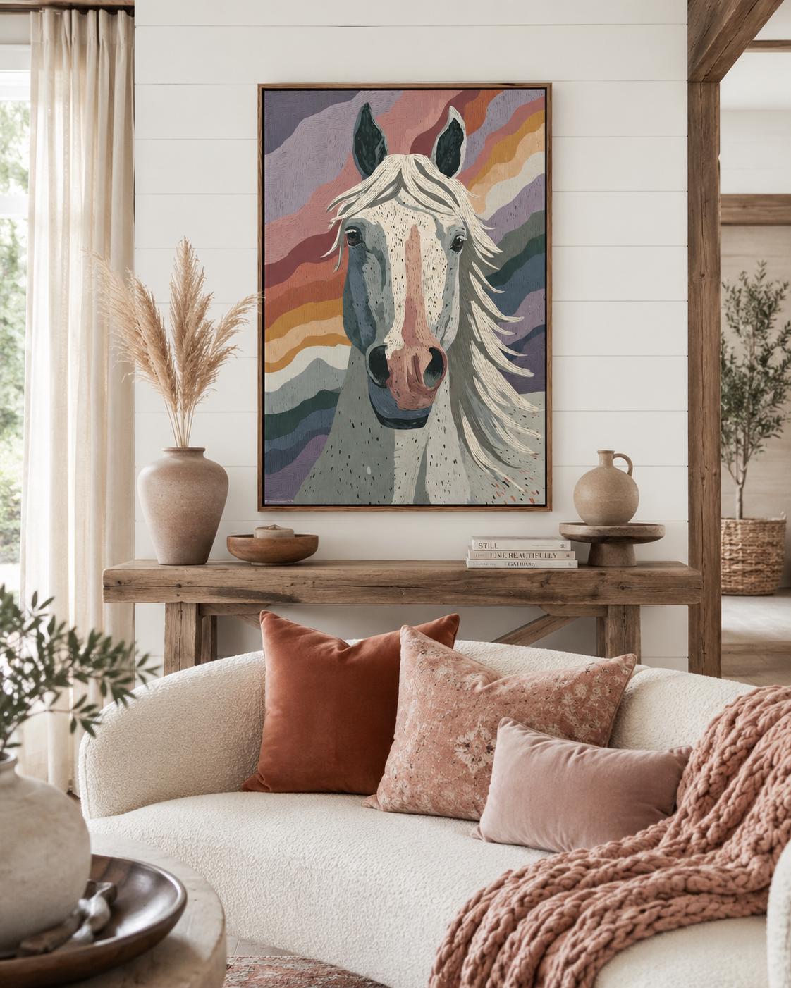 Abstract portrait of a horse head with cream muzzle, dark ears and flowing mane over layered wave-like bands