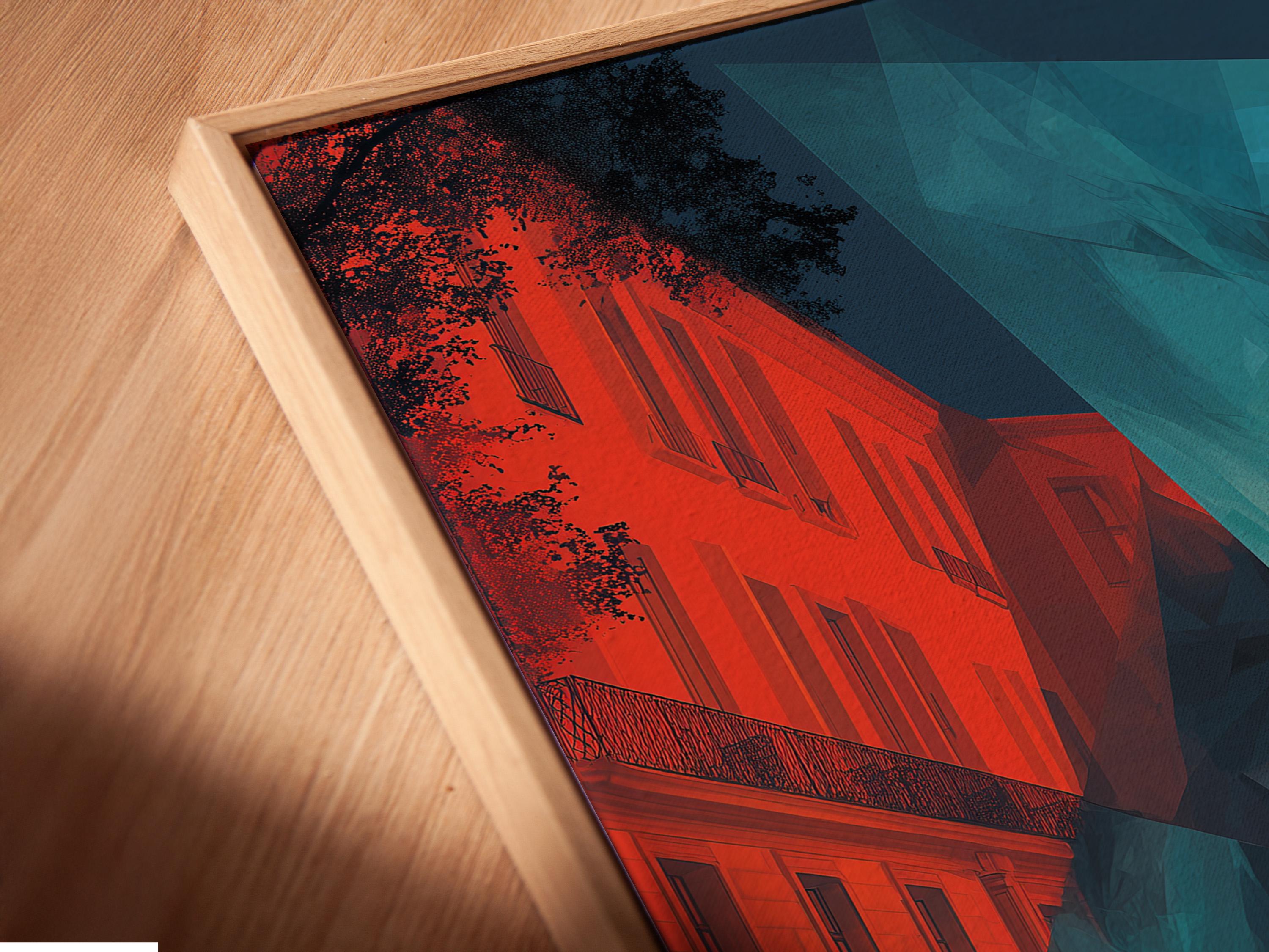 Stylised city street artwork with coral buildings, teal geometric centre and dark blue shadows detail view