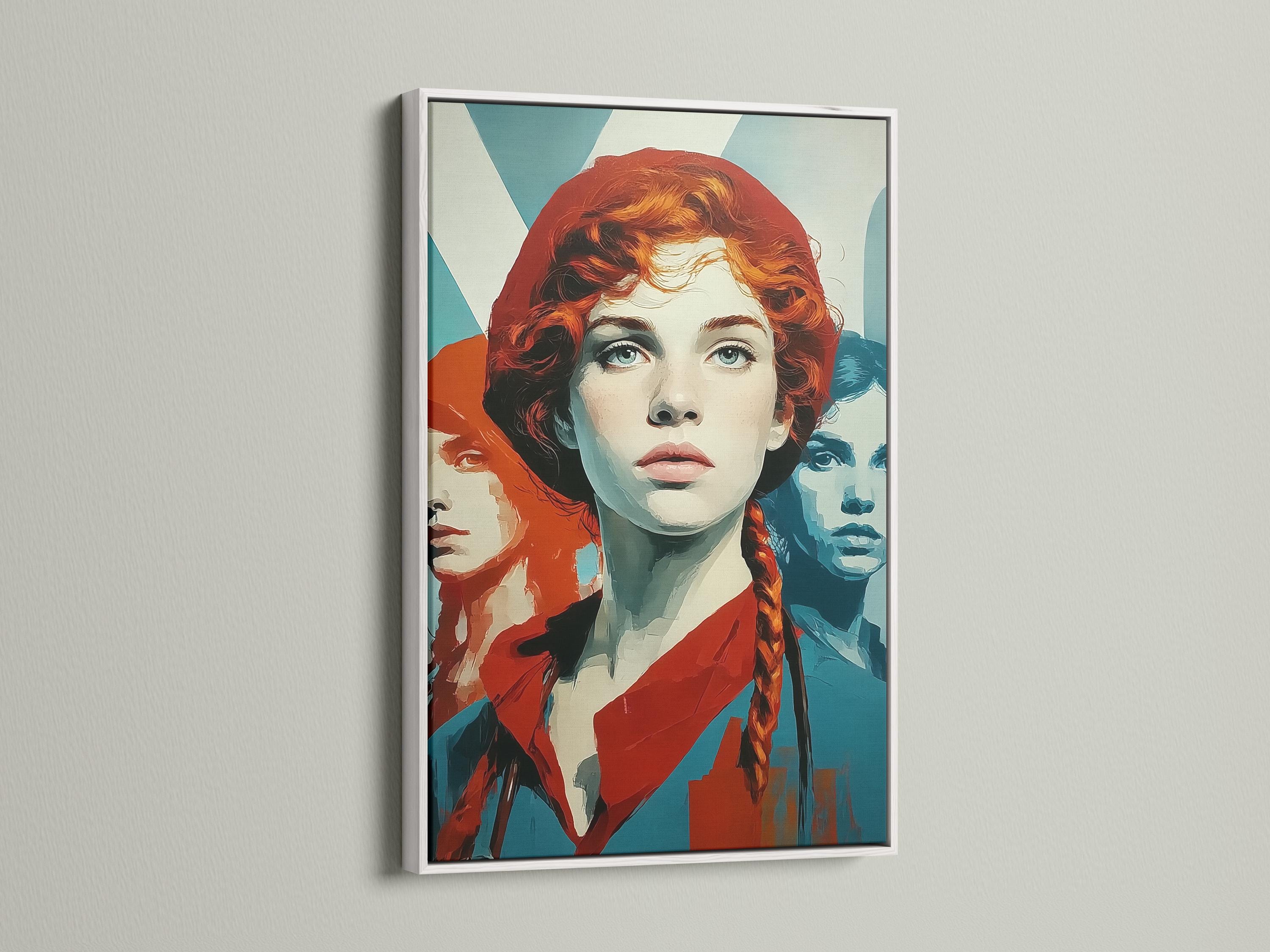 Retro pop-art portrait of a red-haired woman with teal and orange colour blocks detail view