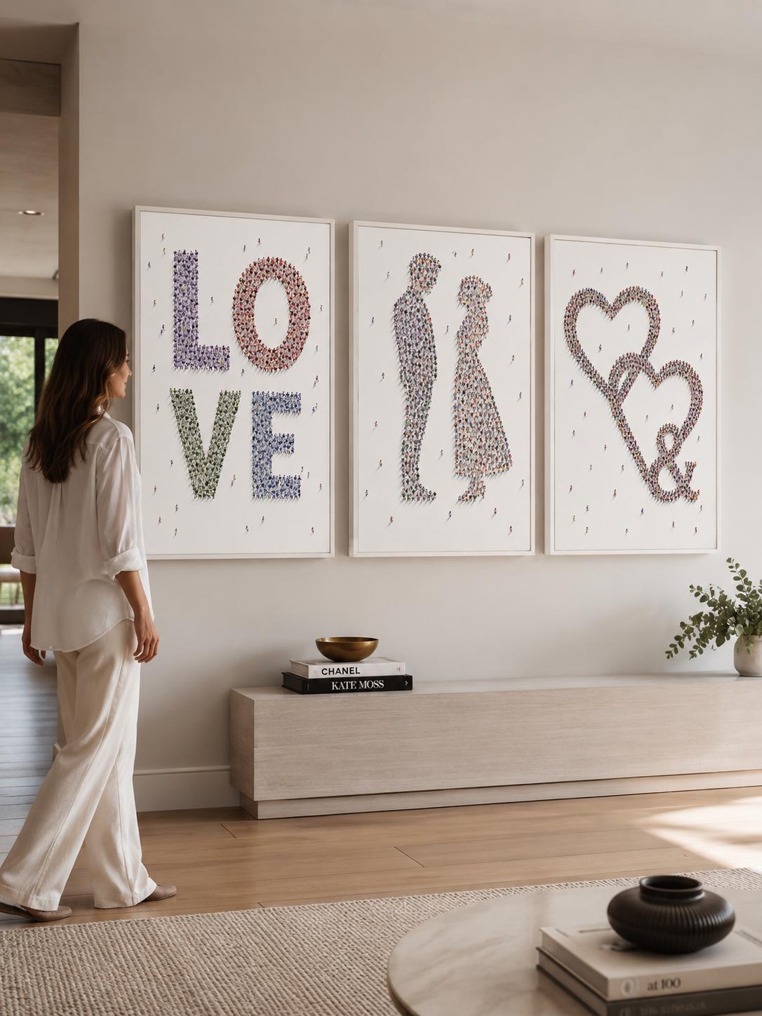A love-themed typographic set shows “LOVE” with small heart details and two human couple silhouettes made from repeating tiny figures detail view