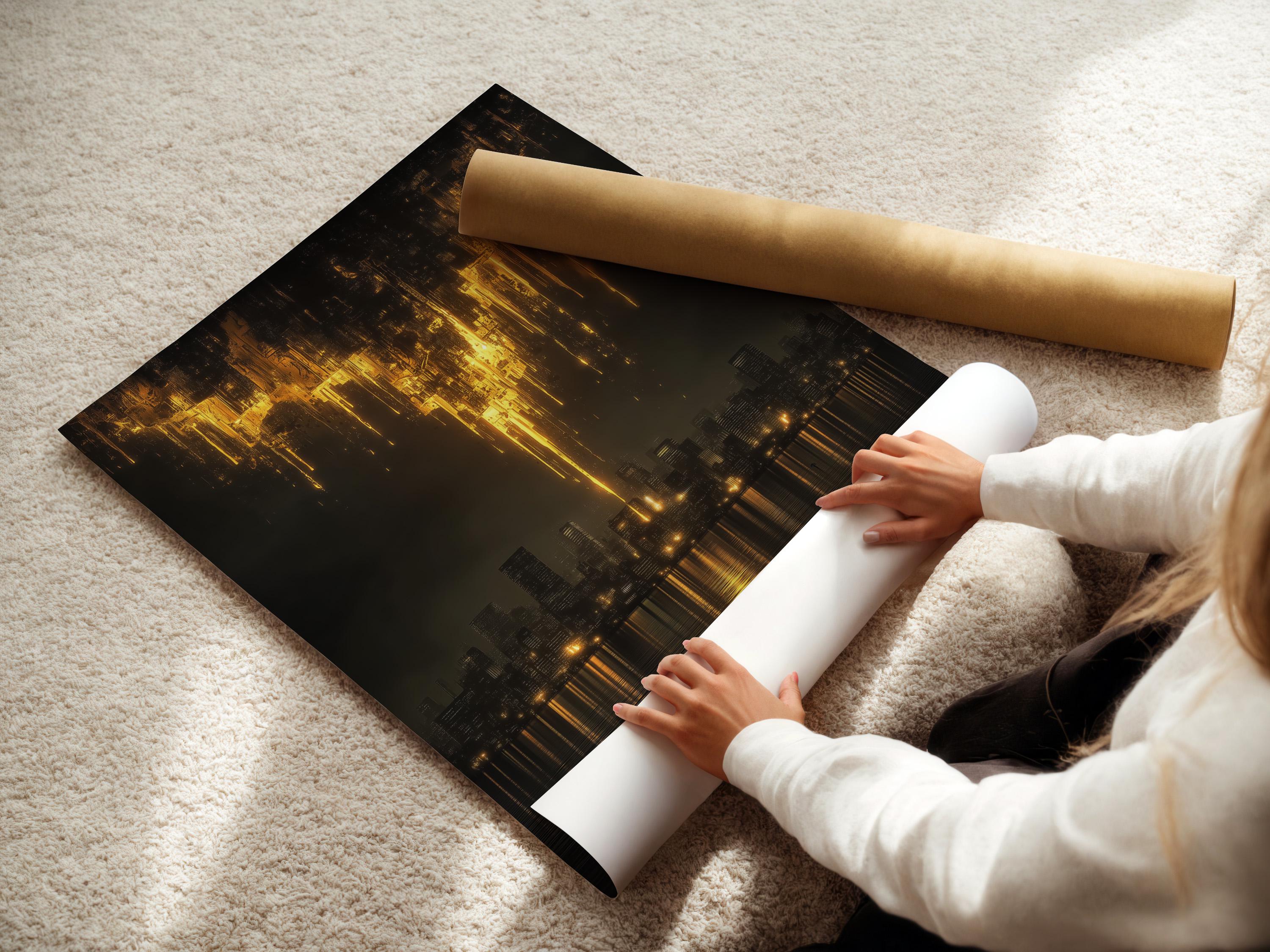 Abstract black and gold night cityscape with golden light streaks and water reflections detail view