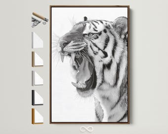 Tiger Portrait Canvas Art - Black and White Feline Wall Decor, Jungle Animal Artwork, Wildlife Print for Him, Living Room Decor