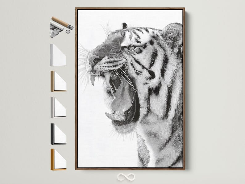 Black and white tiger portrait illustration with detailed stripes and whiskers