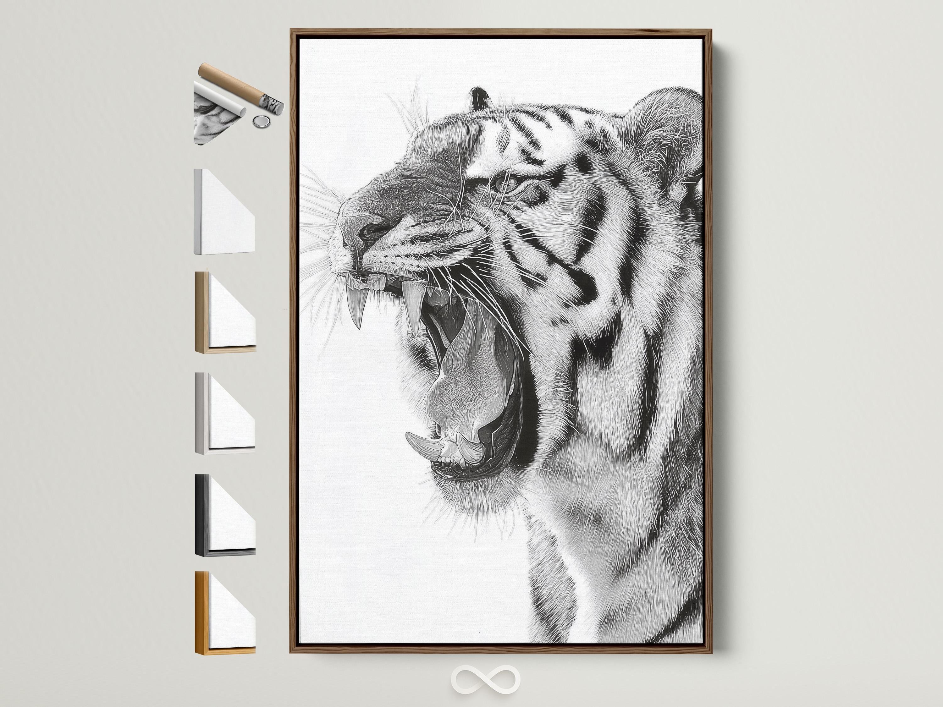 Black and white tiger portrait illustration with detailed stripes and whiskers