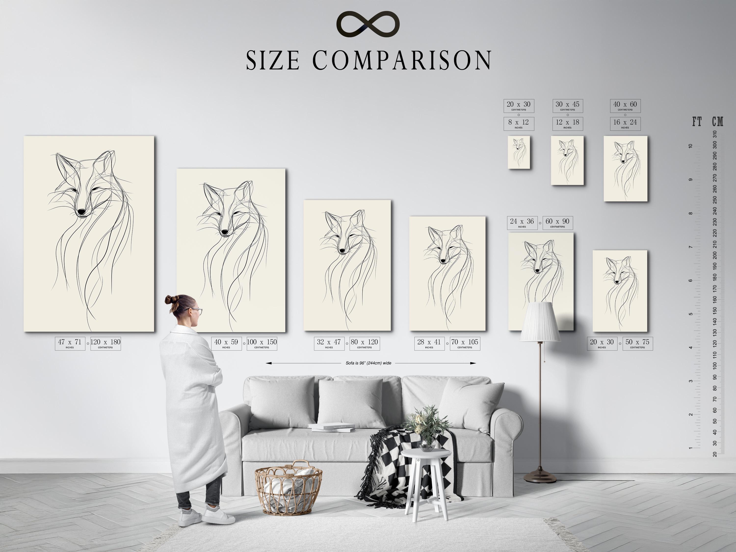 Minimalist fox line drawing in black on a warm beige background detail view