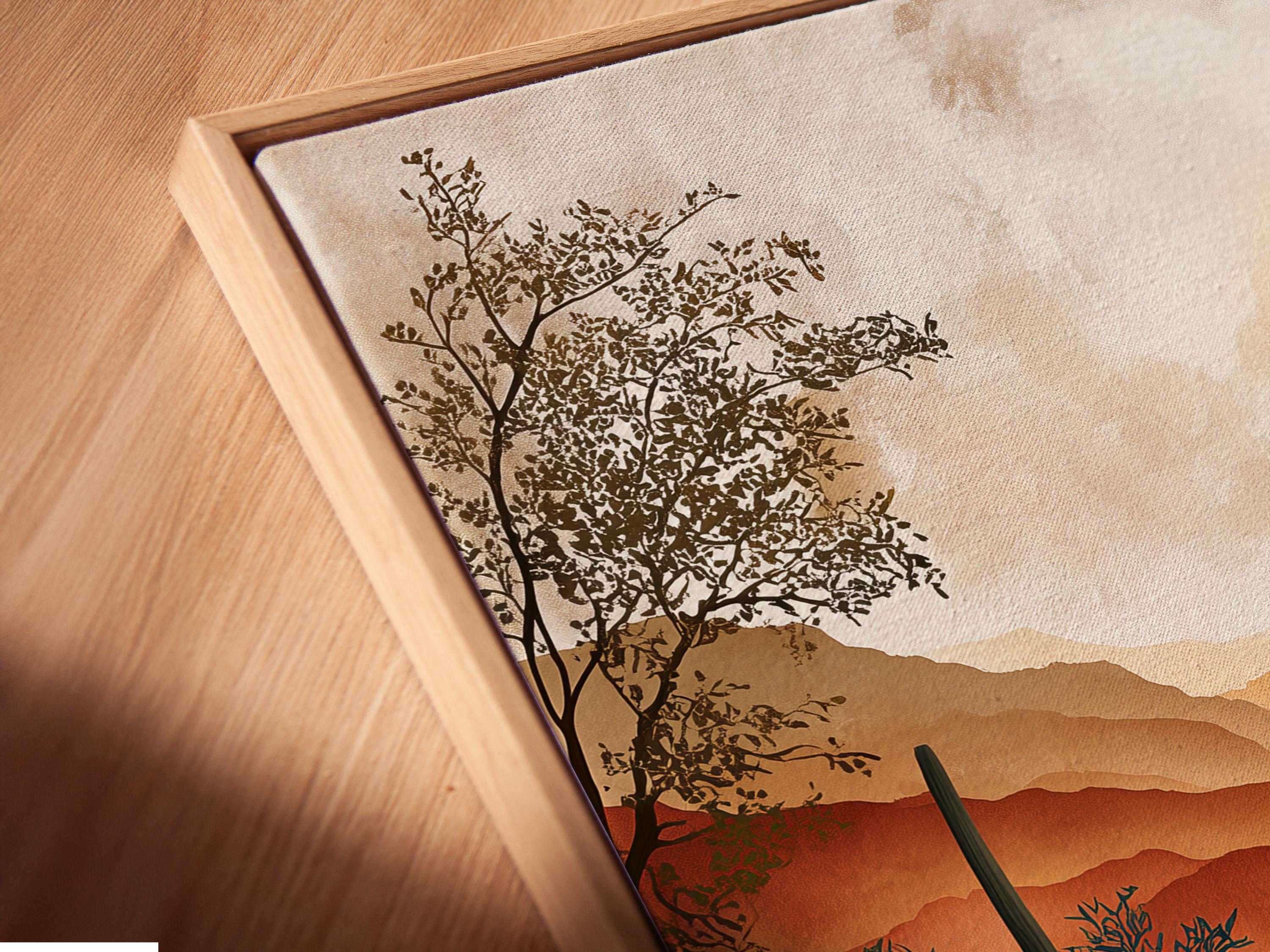 Warm desert landscape artwork with layered mountains, pale sun, and cactus-like plants detail view