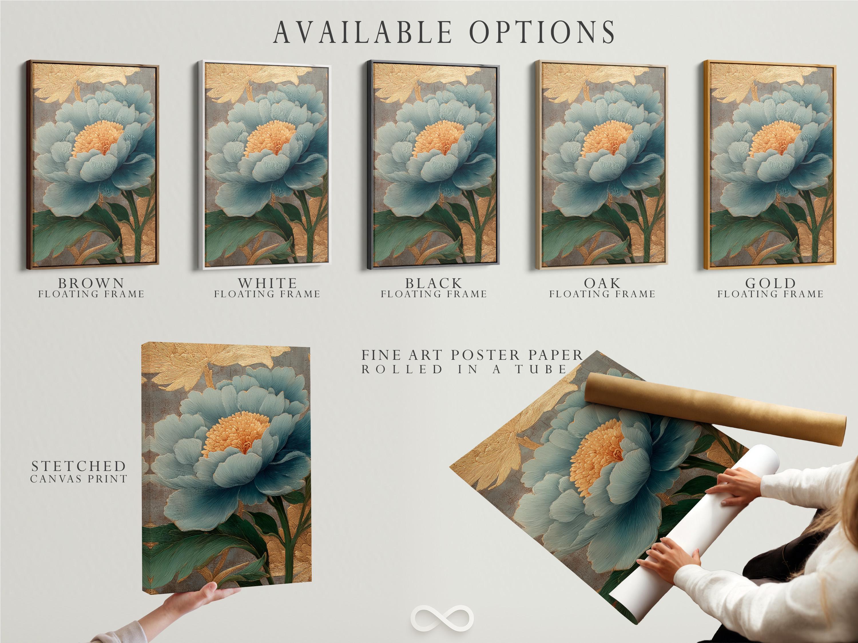 Teal peony with gold accents and green leaves on a textured grey background detail view