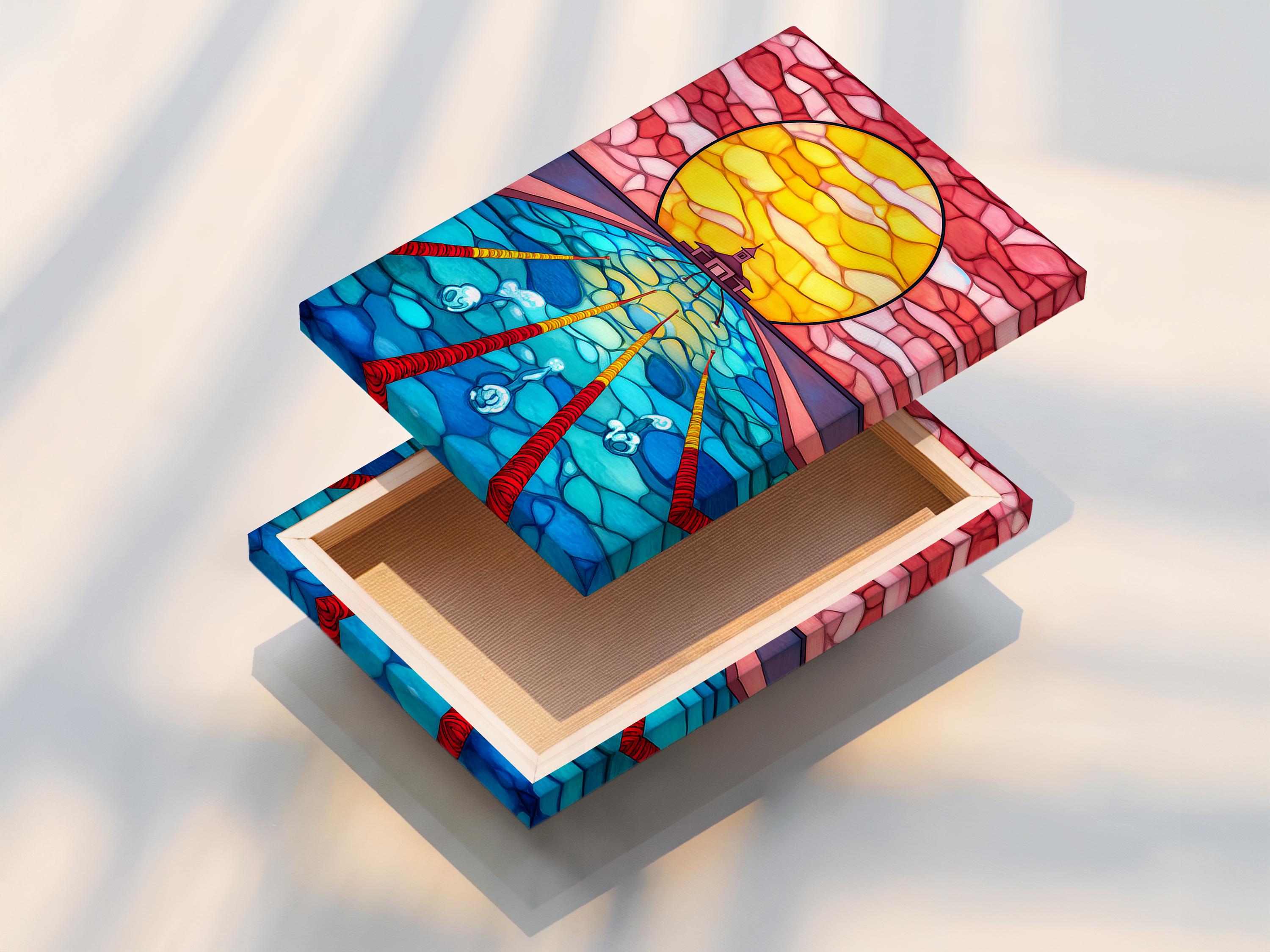 Stained-glass style ocean scene with a circular sunset portal, underwater water textures, and a small temple silhouette detail view