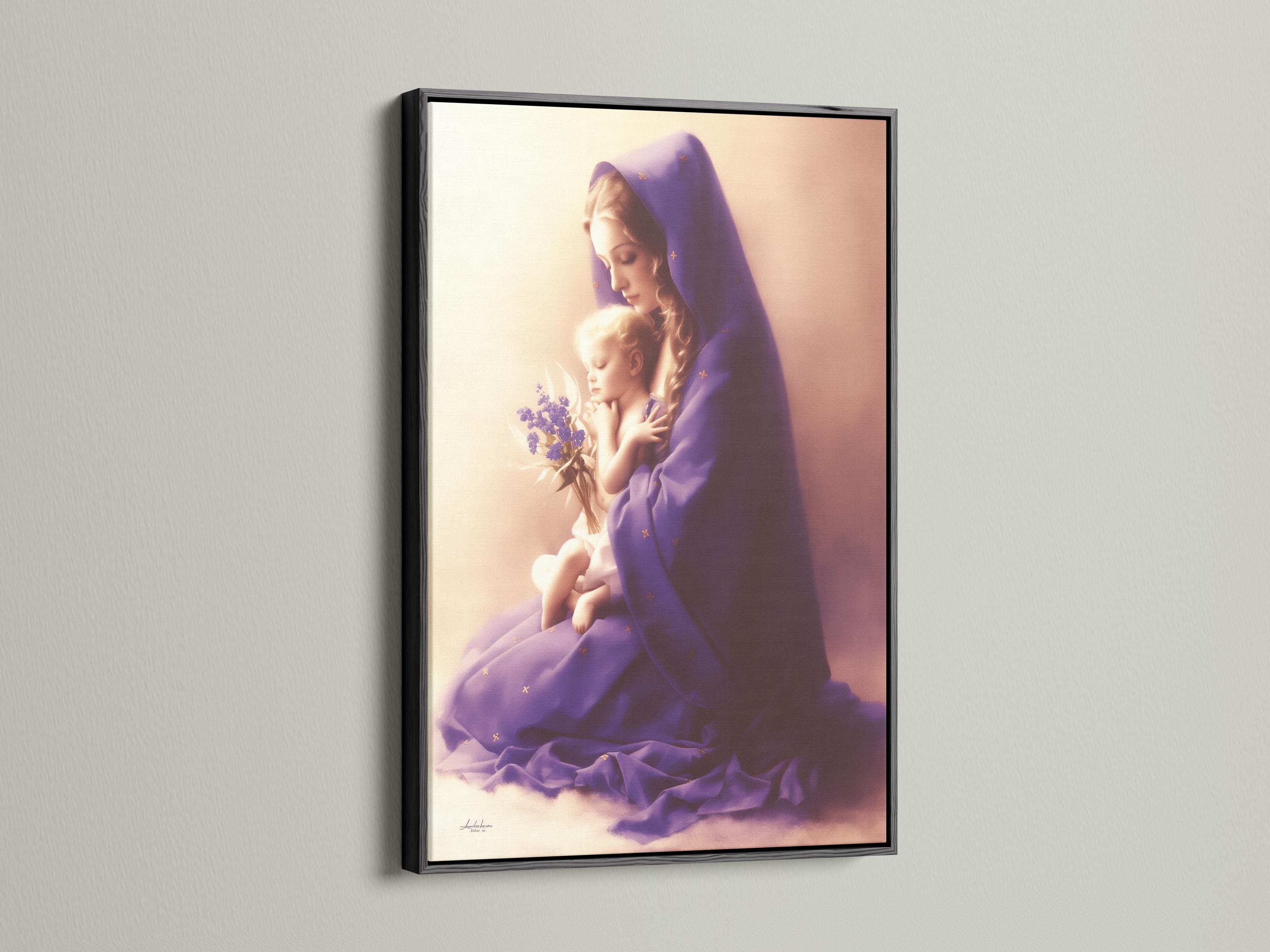 A softly lit Madonna figure in a purple veil holds a smiling baby, with a small bouquet of lilac flowers and delicate gold star-like marks detail view