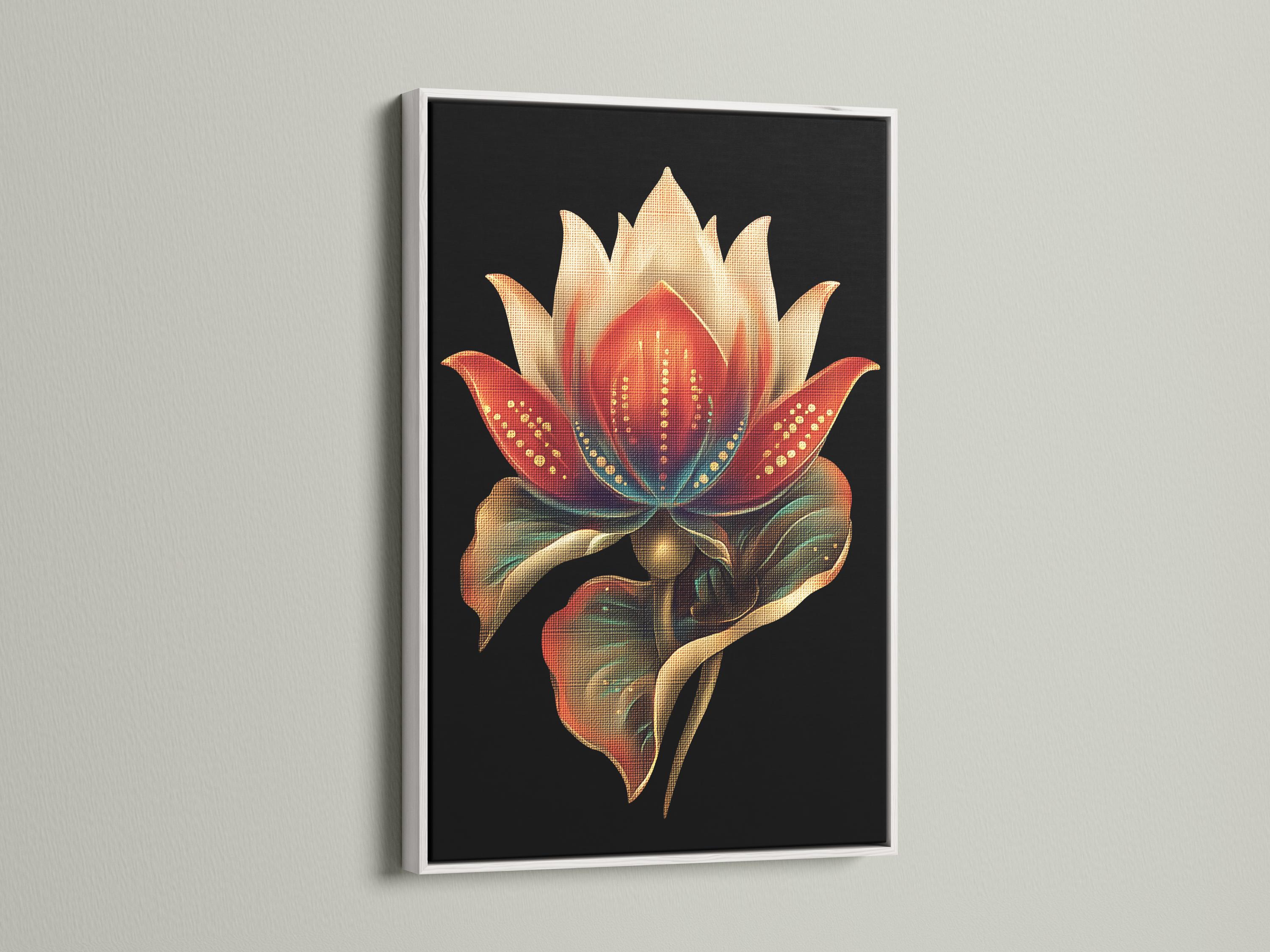 Person in a beige outfit standing beside a plant, with a lotus flower framed artwork above a wooden bench