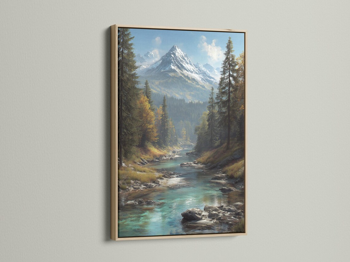 Teal mountain river landscape with evergreen forest, golden foliage and snow-capped peaks detail view