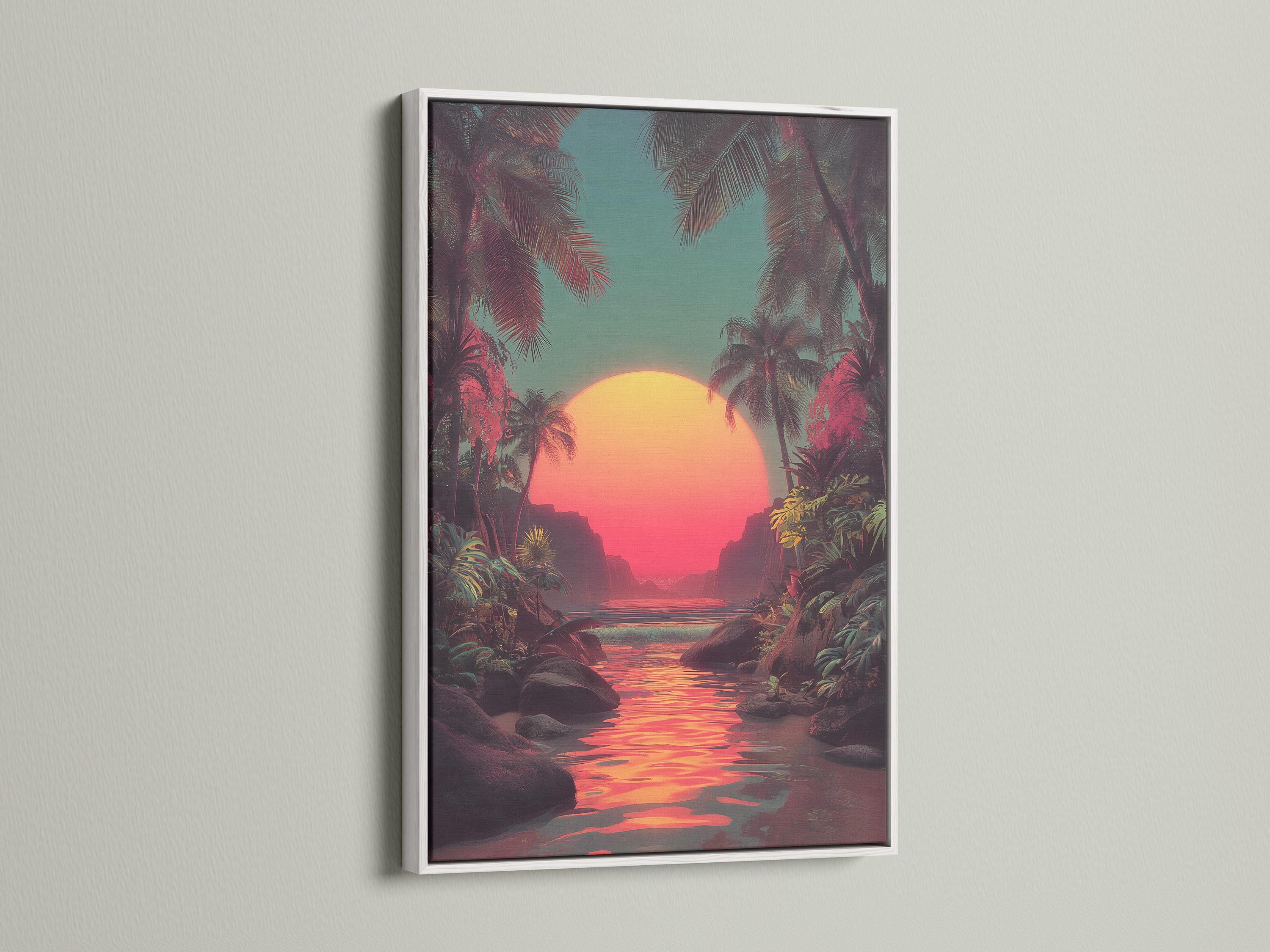 Mockup showing a framed retro tropical sunset seascape with palm trees and reflective water