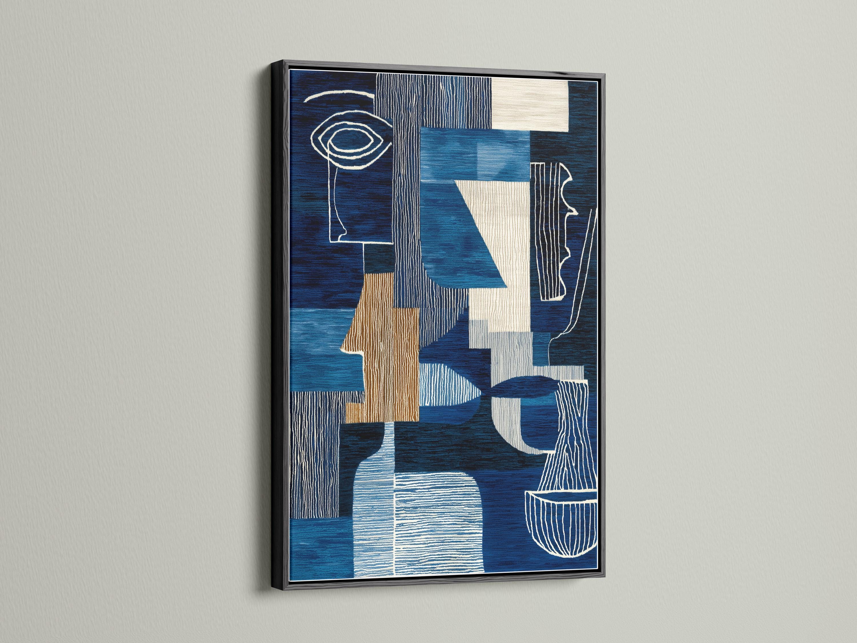 Woman holding a cup in a cafe-like space with a framed blue abstract face artwork on the wall