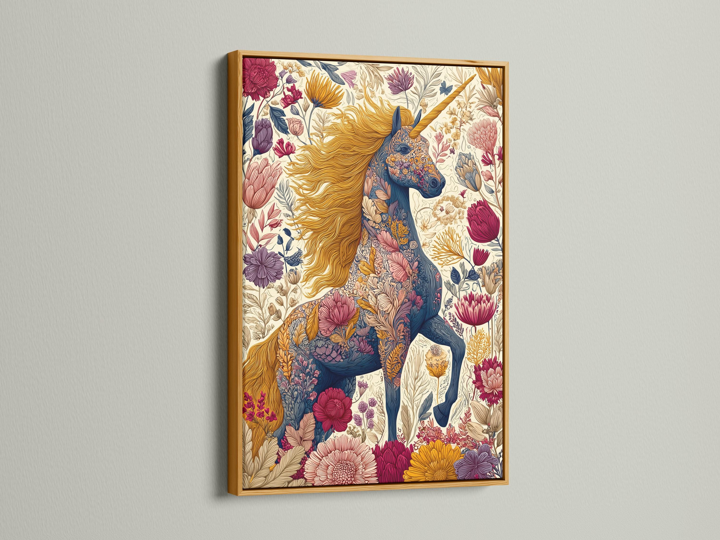 Illustrated unicorn with flowing golden mane among layered flowers and leaves on a pale cream background detail view