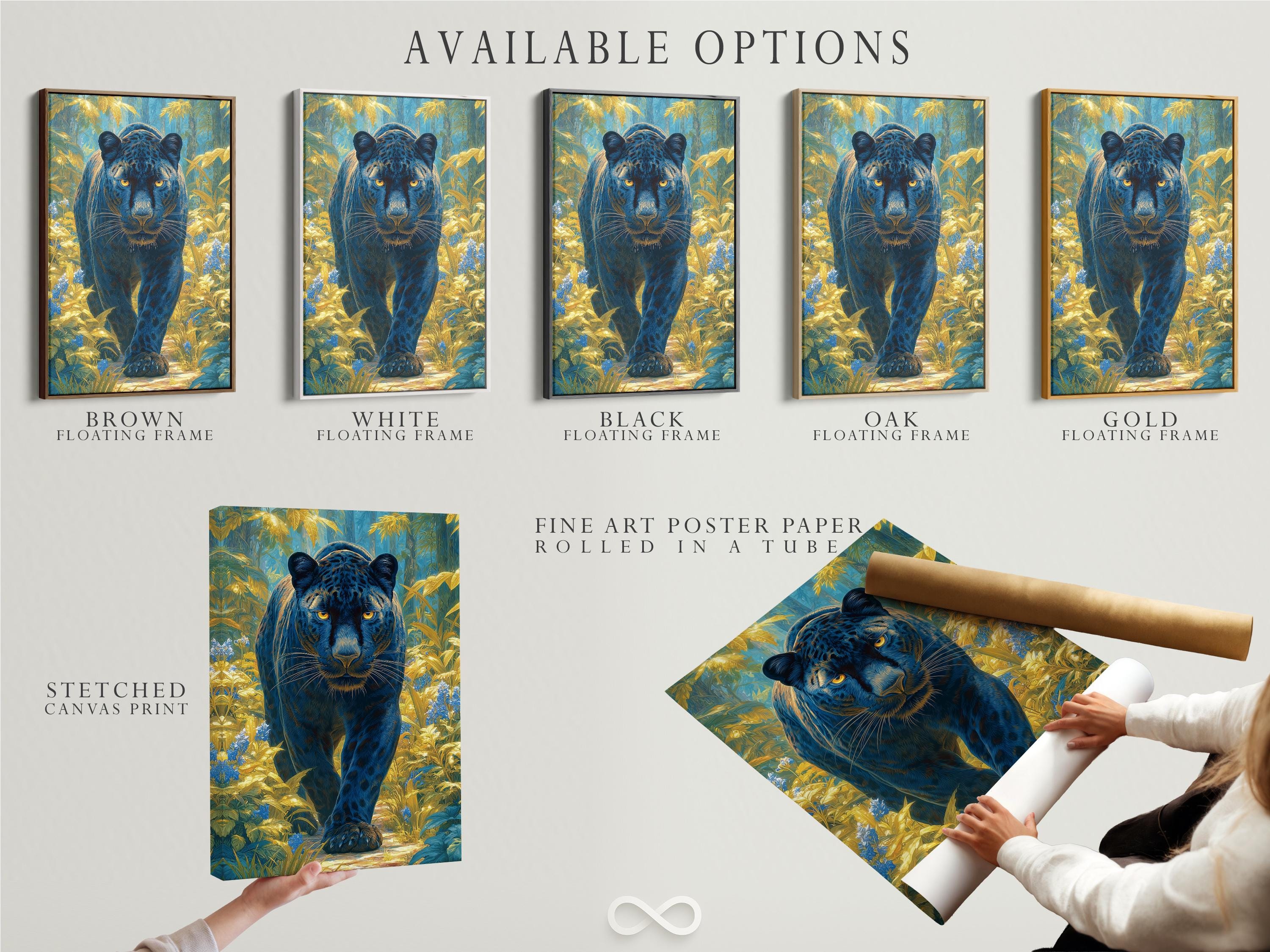 Stylised big cat with glowing golden eyes in a blue and gold jungle scene detail view