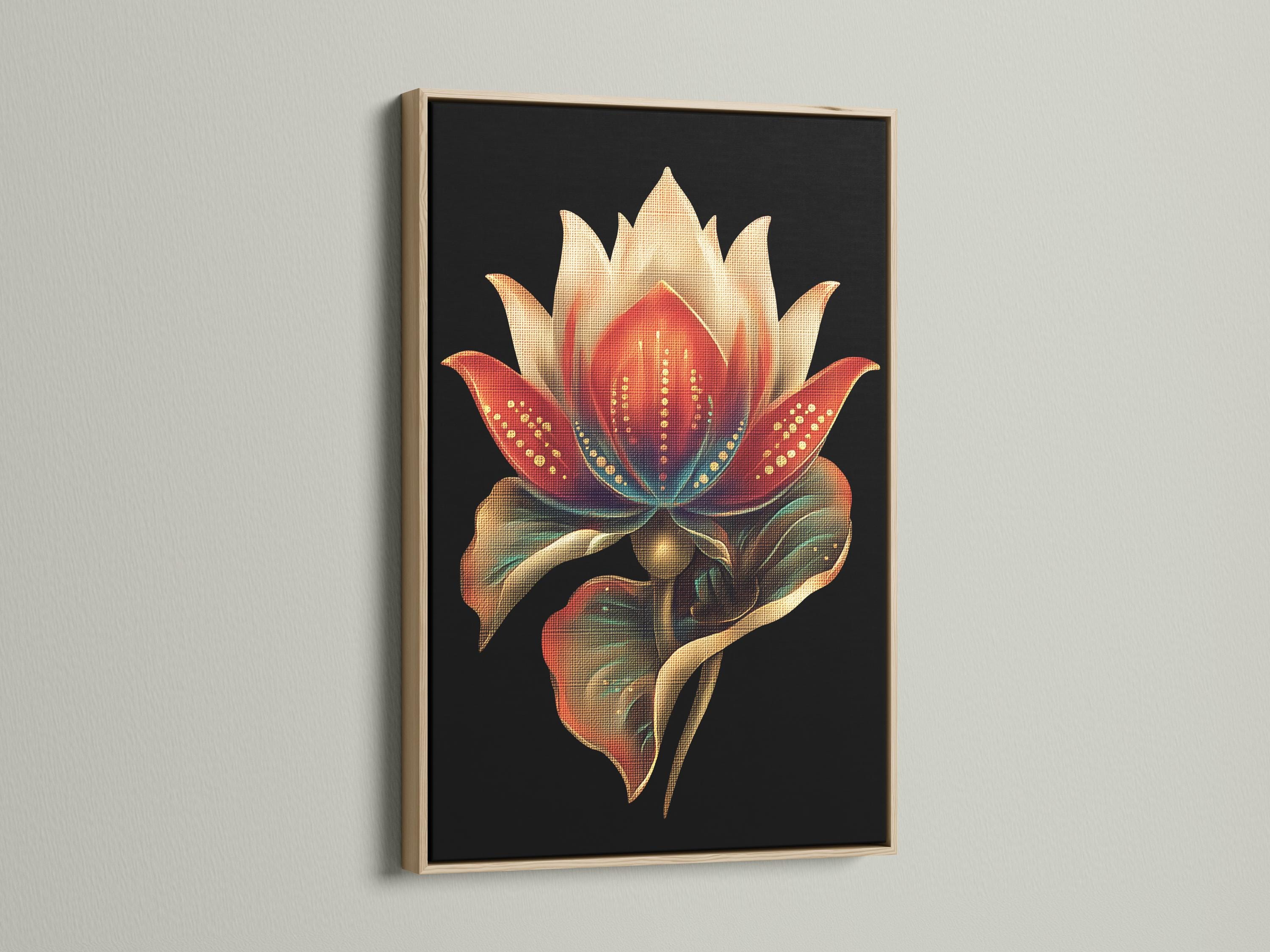 Person in a beige outfit standing beside a plant, with a lotus flower framed artwork above a wooden bench