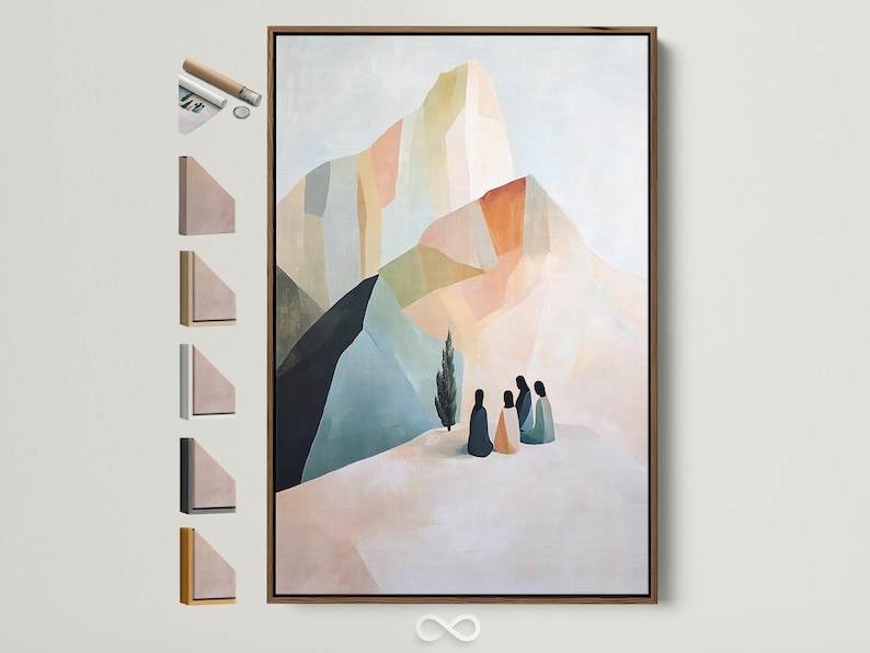 A pastel geometric mountain scene features layered cliffs and soft slopes with four silhouetted figures gathered in the foreground
