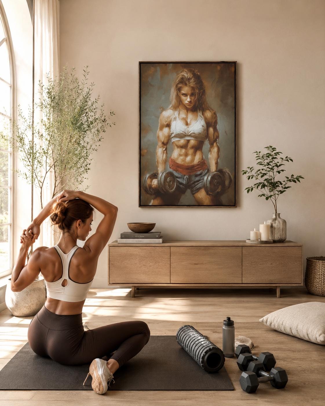 Gym or wellness room mockup showing a wall artwork of a muscular woman lifting dumbbells