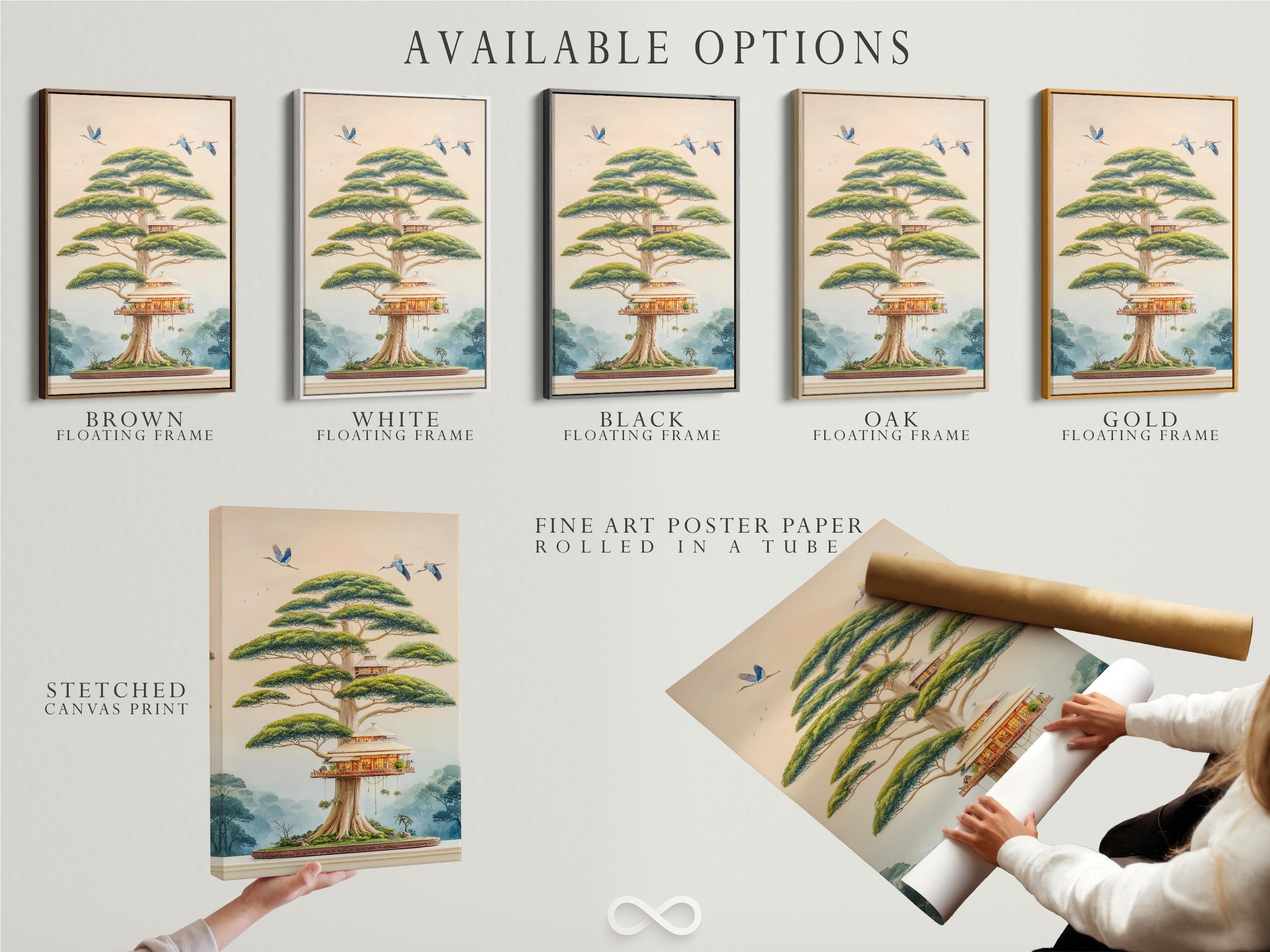 Bonsai-style tree house with blue birds flying over a misty landscape detail view