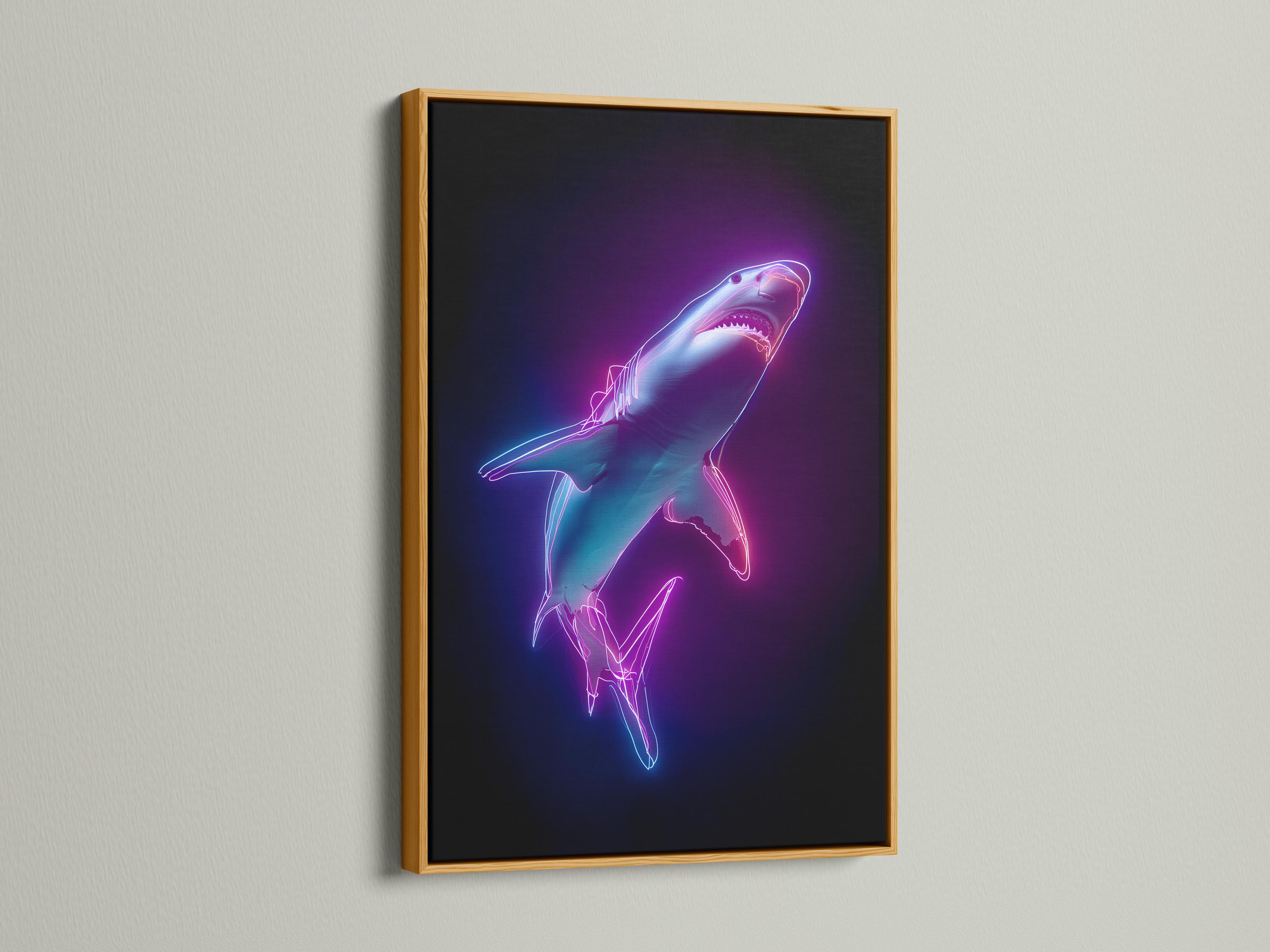 Neon line-drawn shark with magenta and cyan glow on a dark purple background detail view