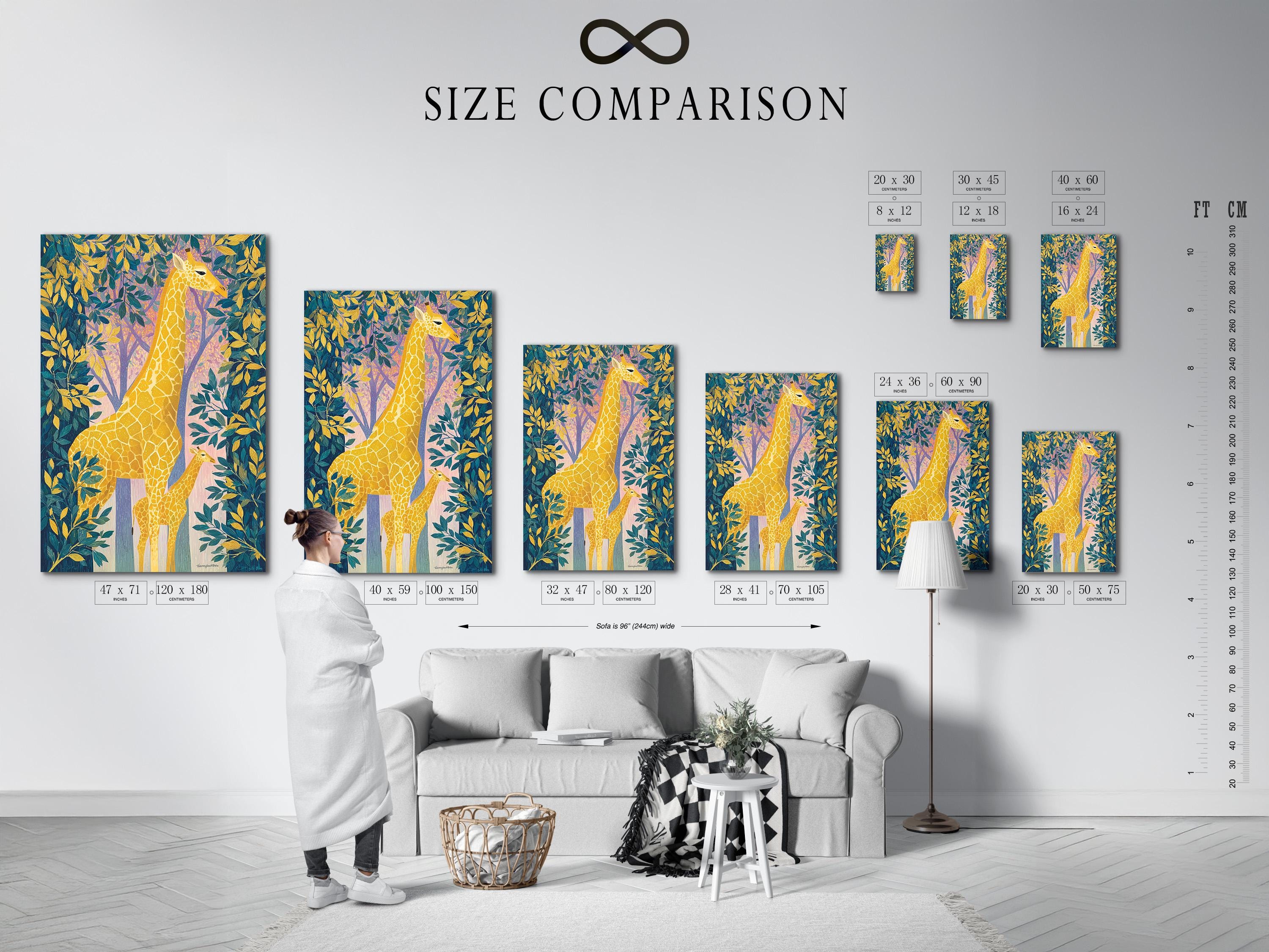 Artwork mockup showing a framed illustration of a giraffe with tropical foliage and tree trunks