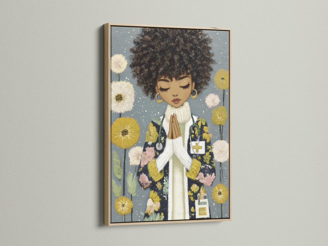 A stylised portrait of a praying woman appears in front of grey-blue flowers and gold sparkles, with closed eyes and hands held together detail view