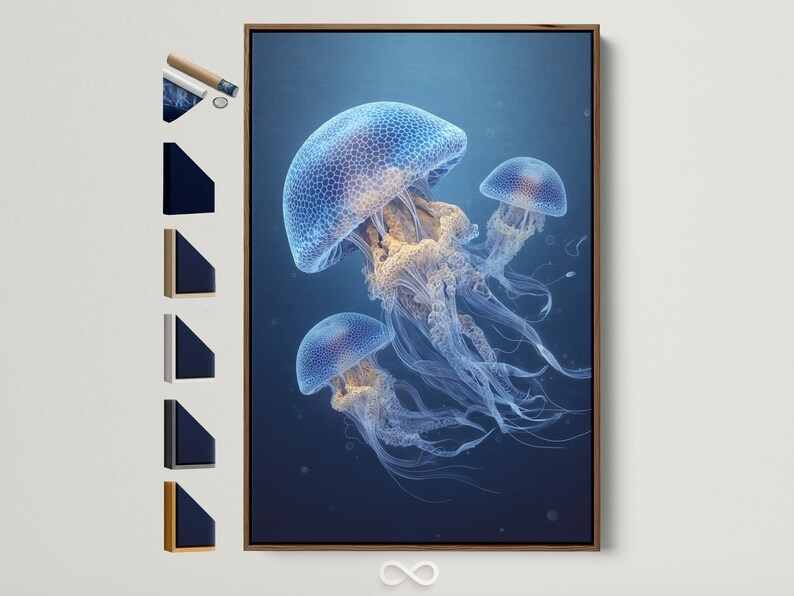 Underwater jellyfish illustration with glowing pale blue bodies and drifting tentacles