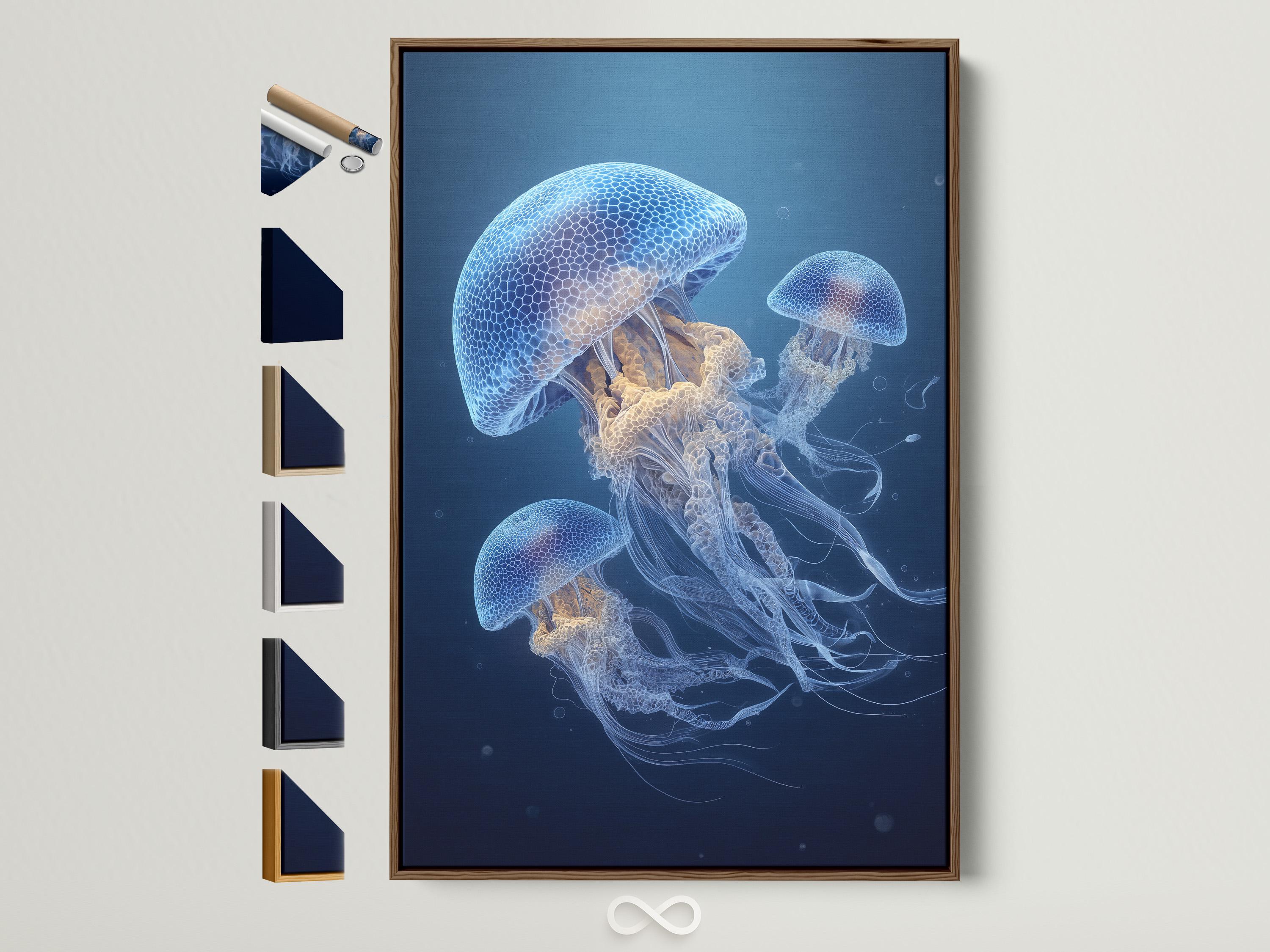 Underwater jellyfish illustration with glowing pale blue bodies and drifting tentacles