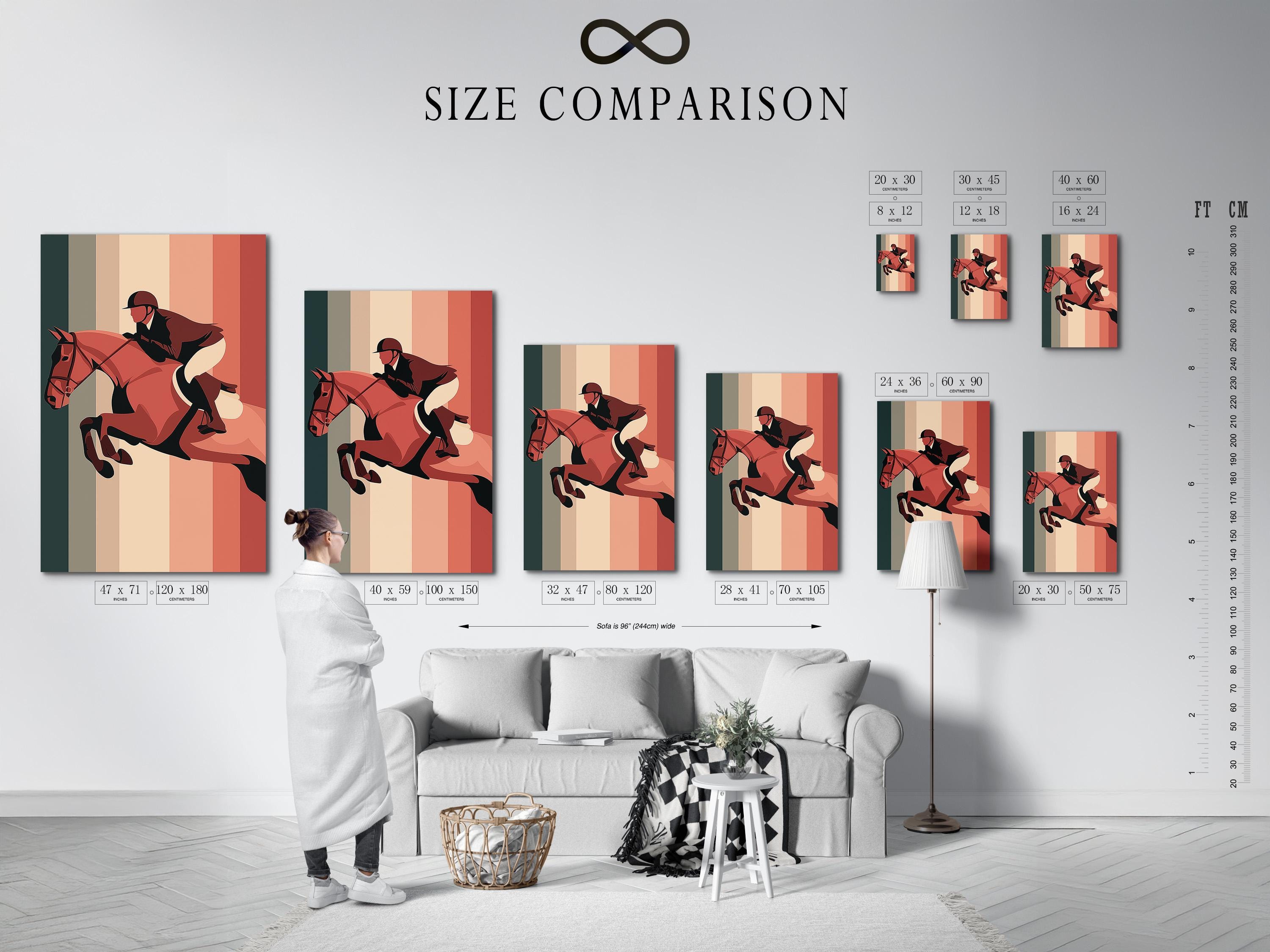 Room mockup with framed retro horse and rider artwork on striped background